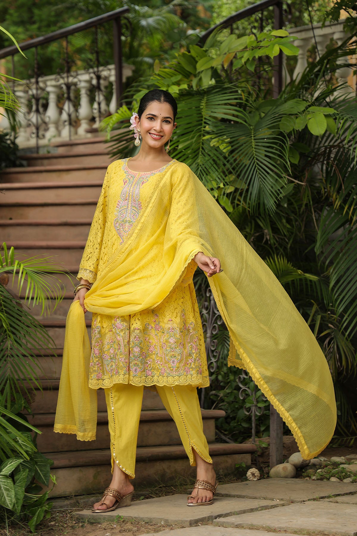 Yellow Schiffli Net Embroidered Anarkali Suit