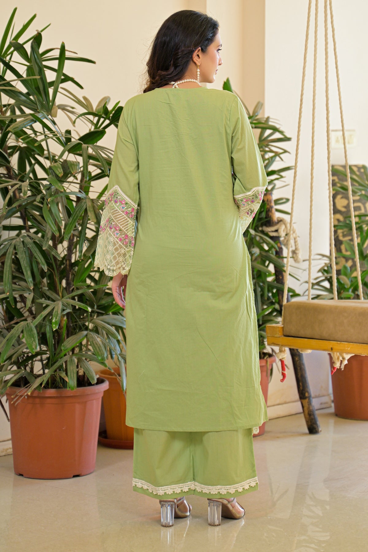 Green Cotton Embroidered Suit Set