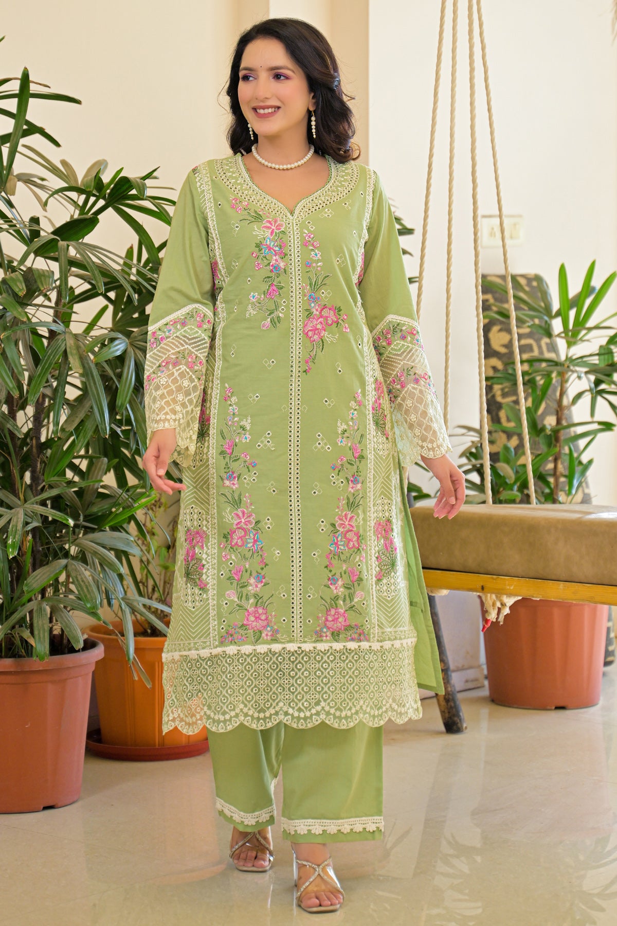 Green Cotton Embroidered Suit Set