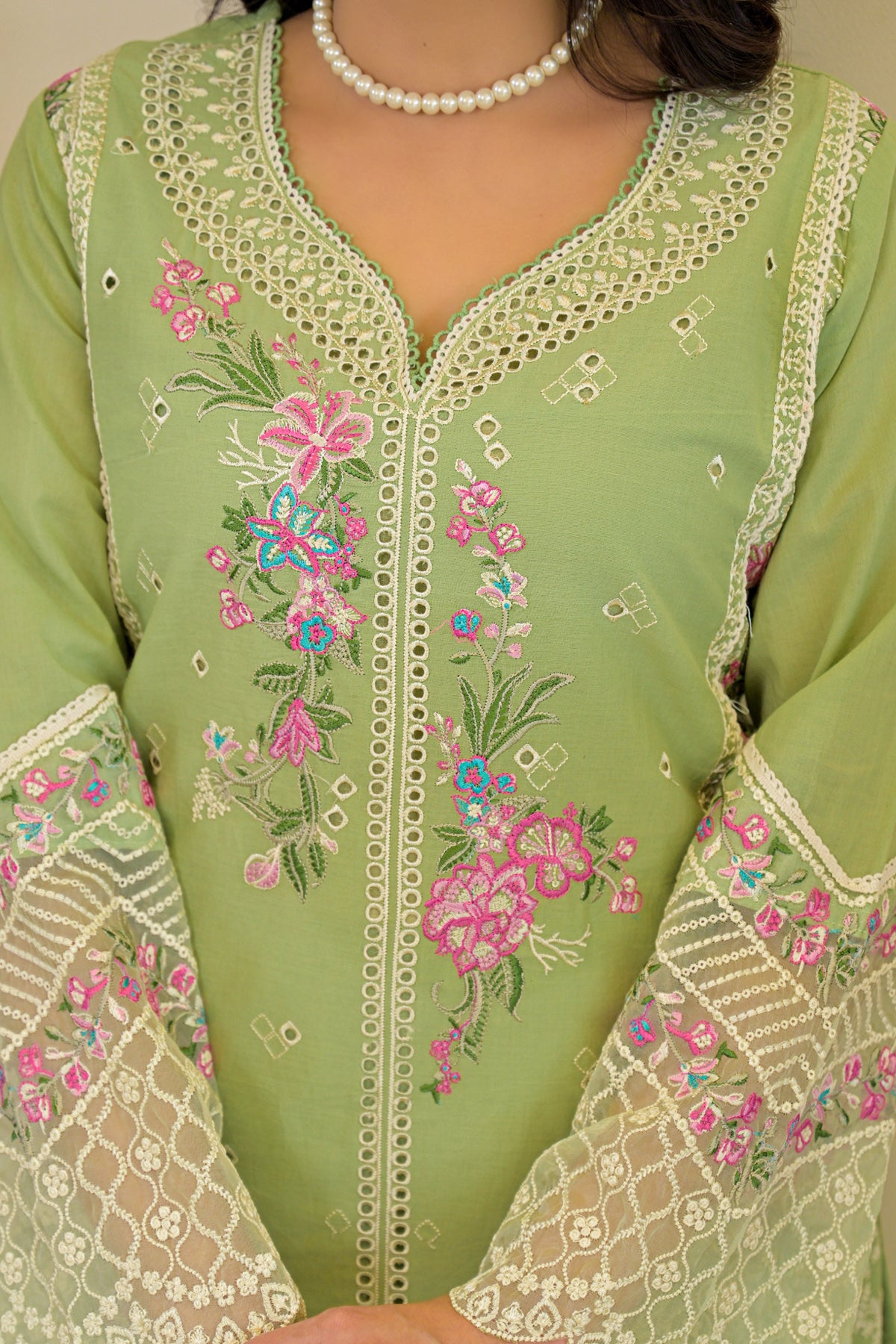 Green Cotton Embroidered Suit Set
