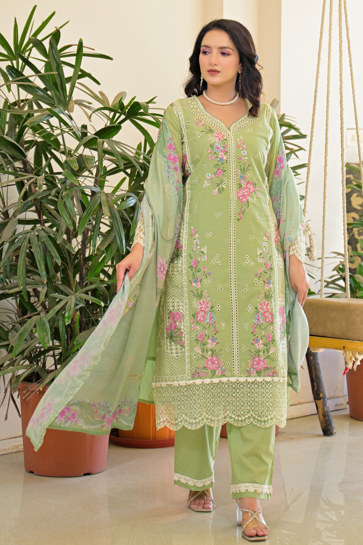 Green Cotton Embroidered Suit Set