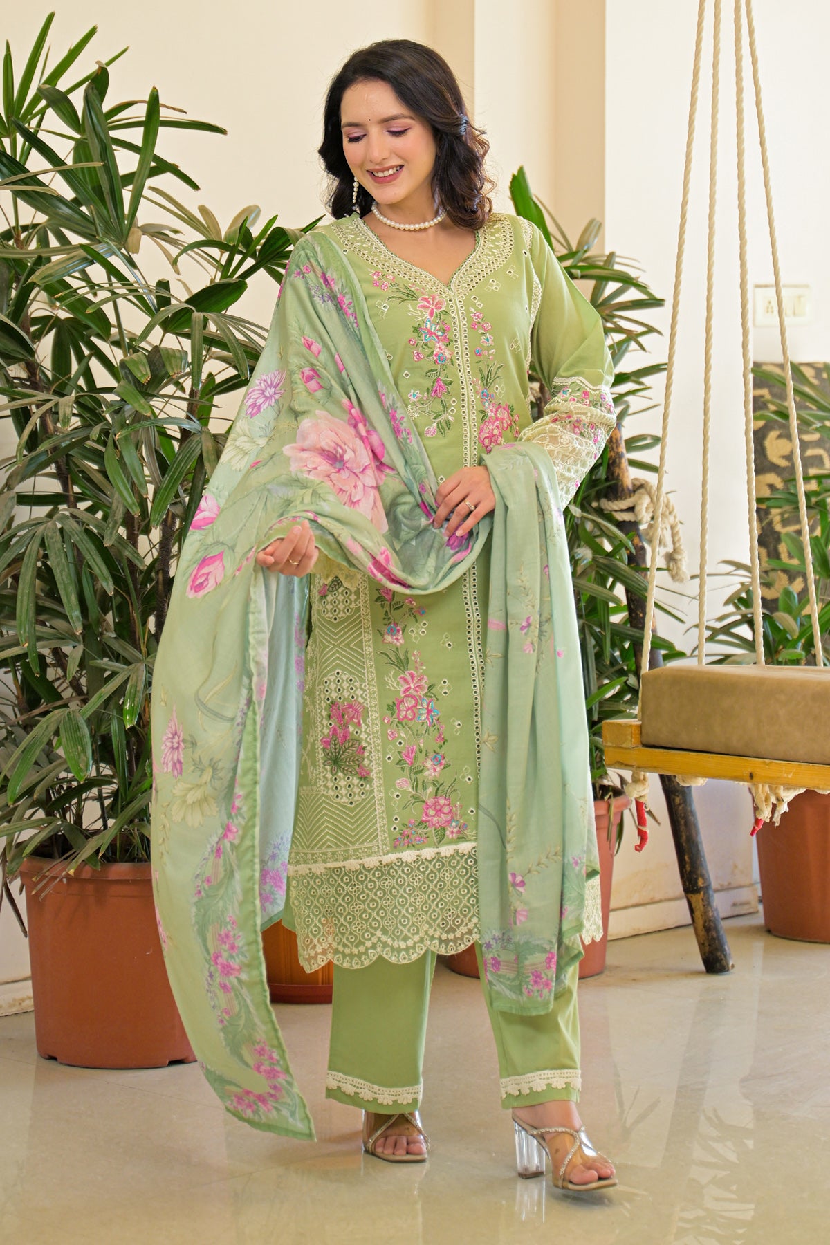 Green Cotton Embroidered Suit Set
