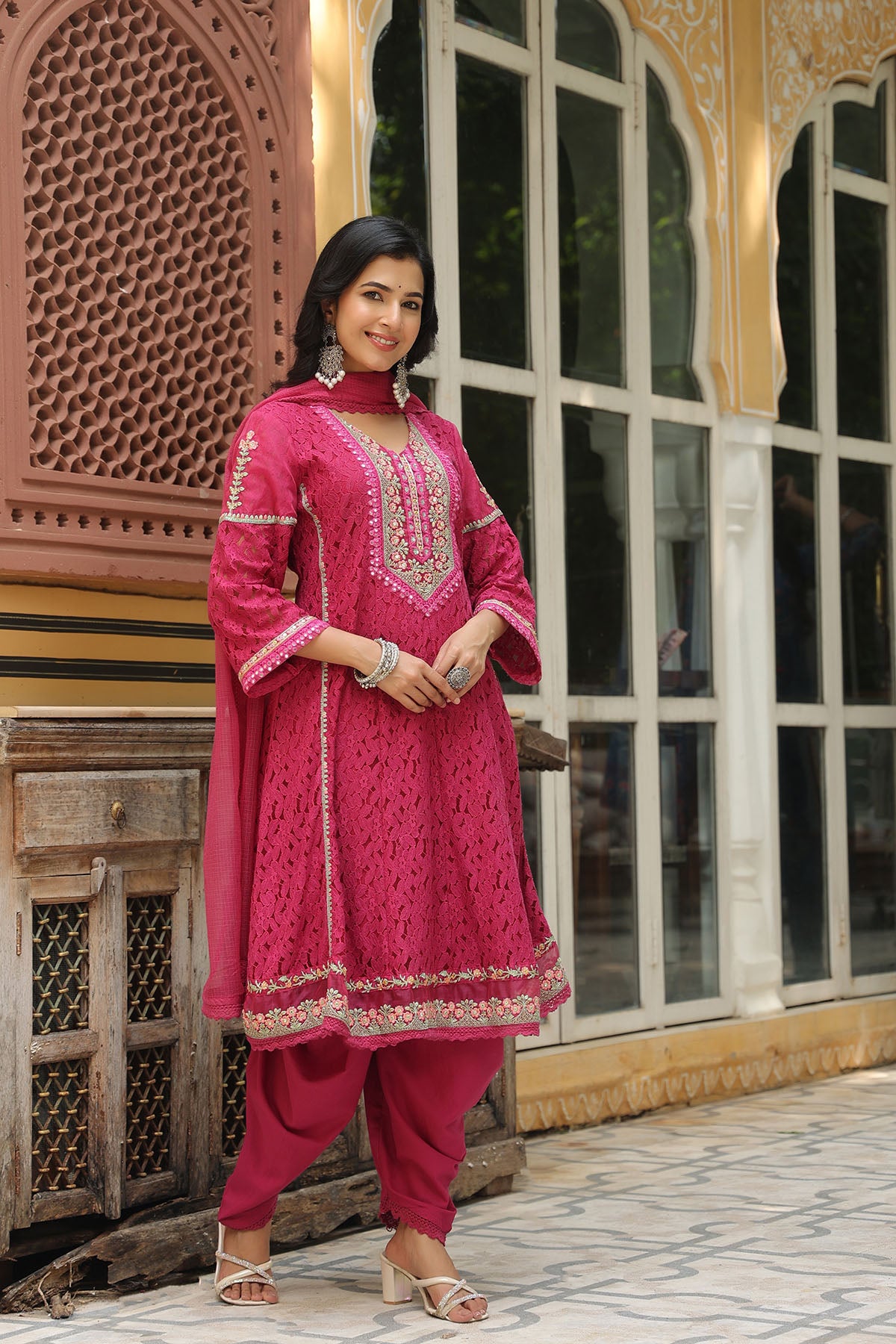 Maroon Schiffli Net Embroidered Anarkali Suit