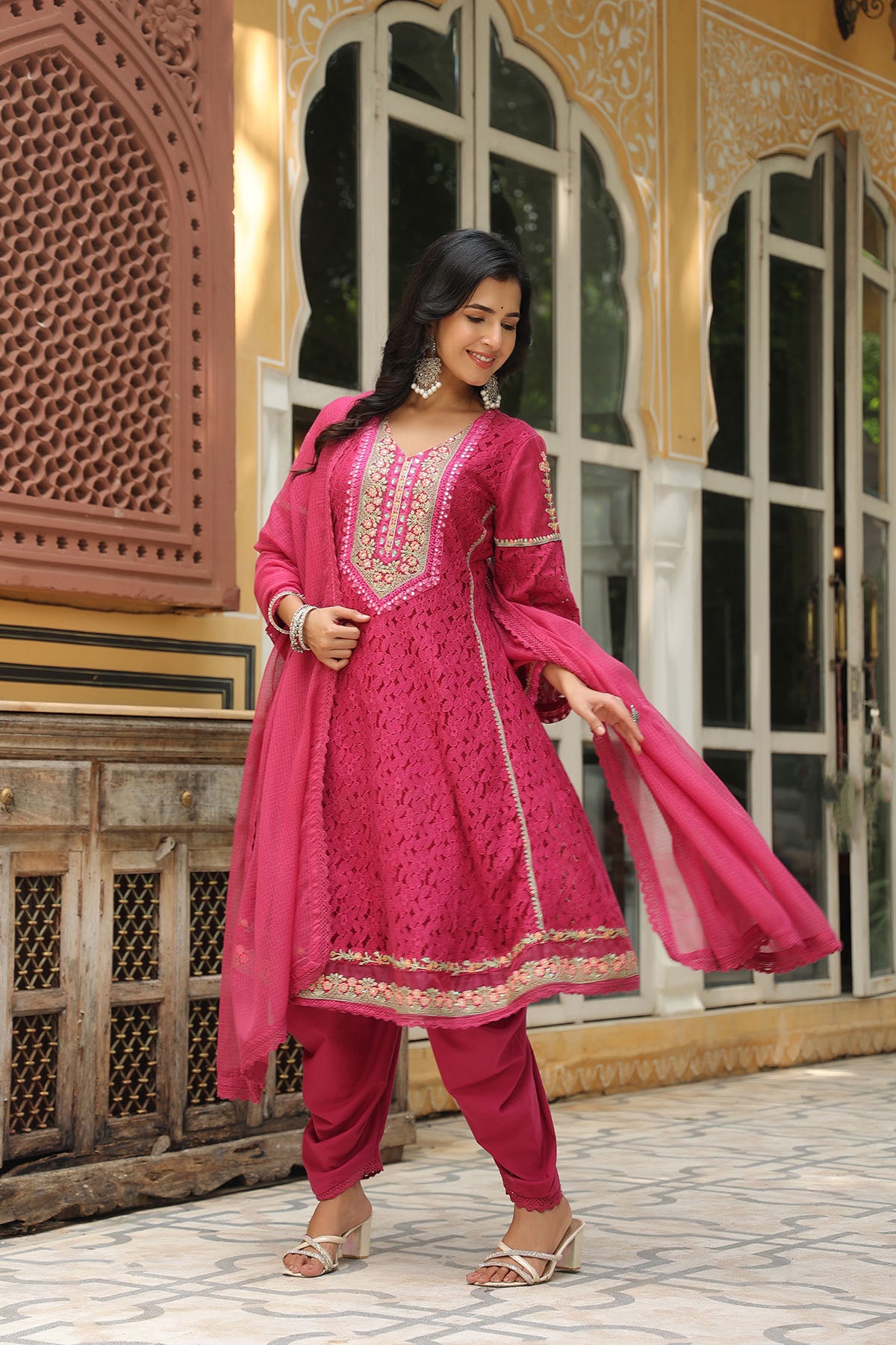 Maroon Schiffli Net Embroidered Anarkali Suit
