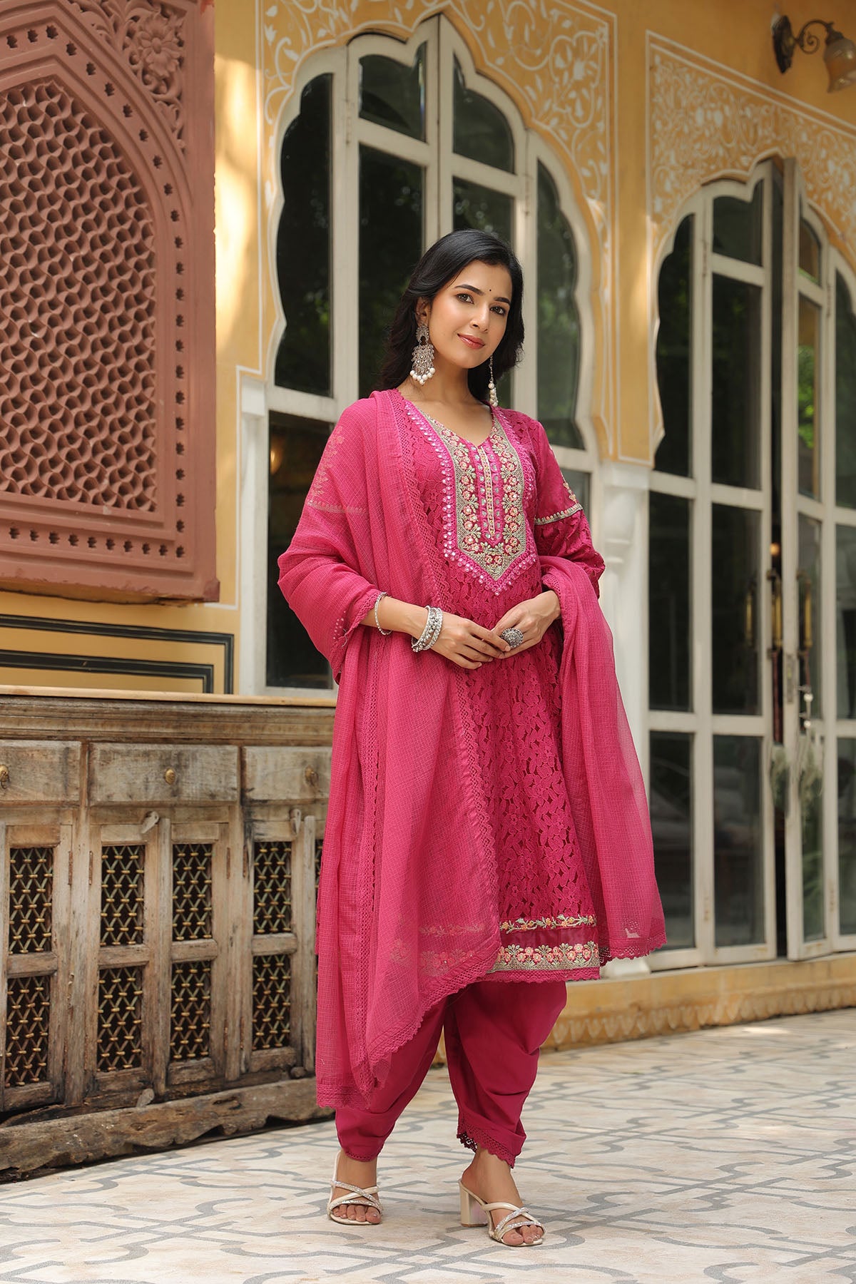 Maroon Schiffli Net Embroidered Anarkali Suit