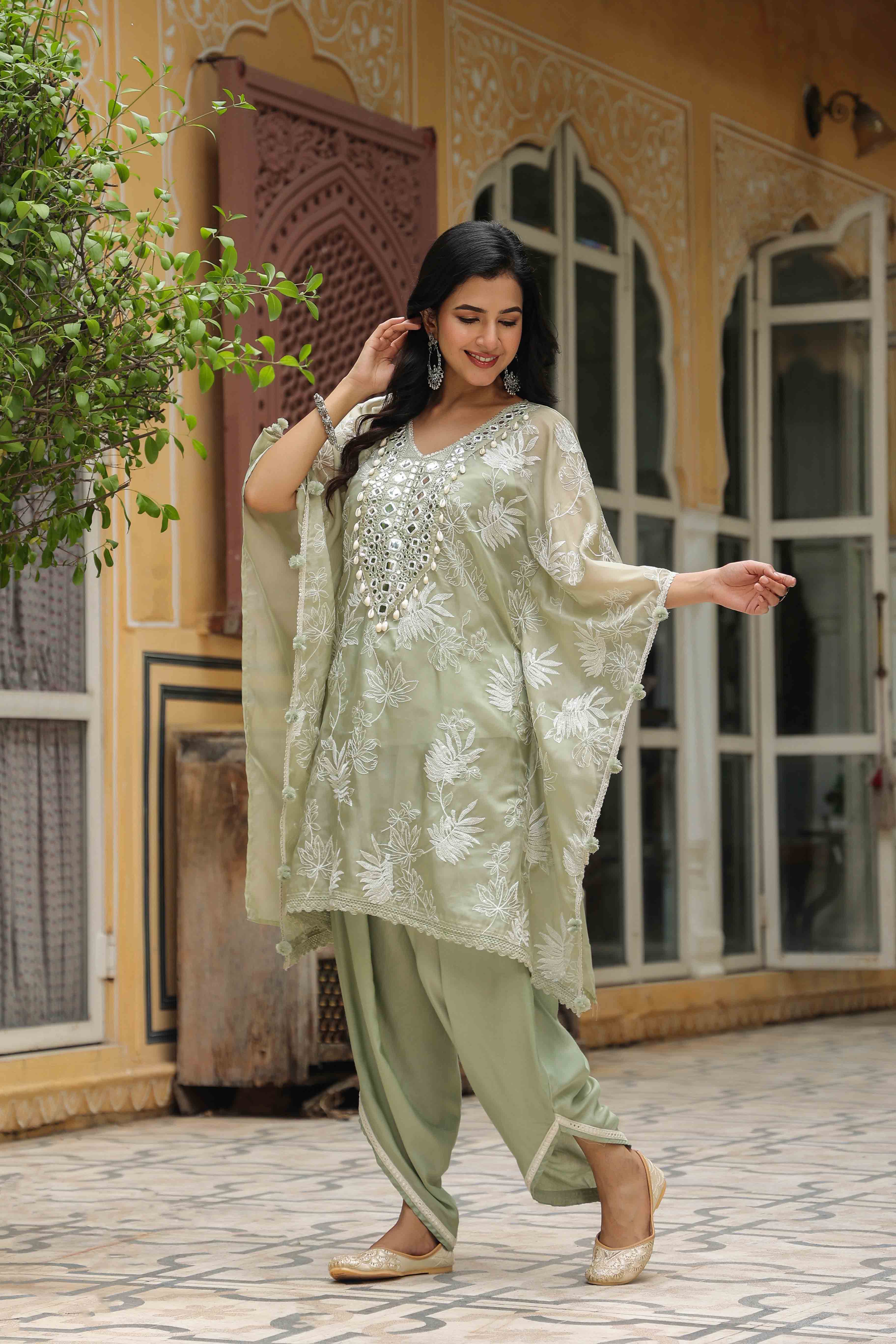 Olive Green Organza Embroidered Kaftan Set With Potli Bag