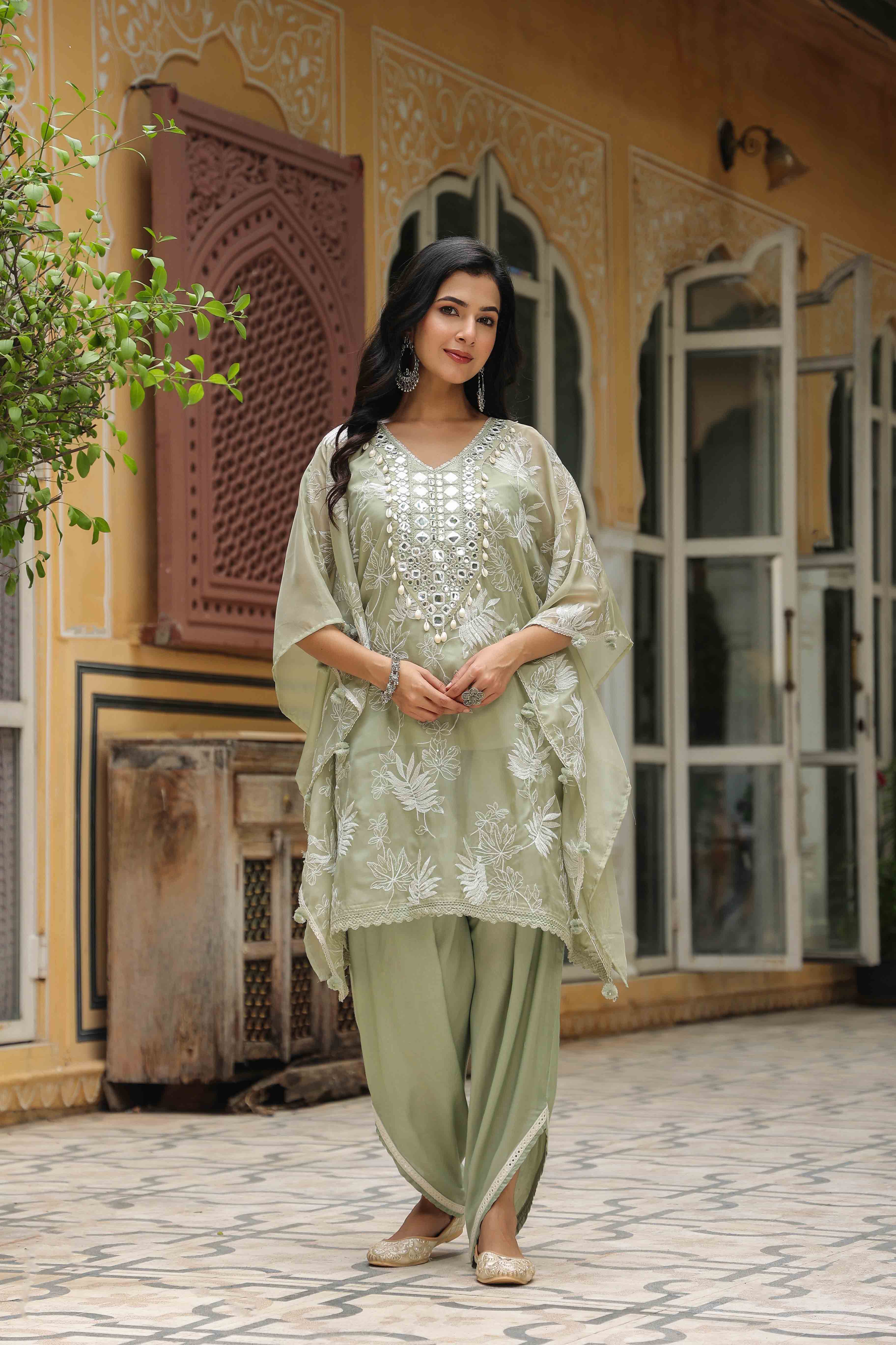 Olive Green Organza Embroidered Kaftan Set With Potli Bag