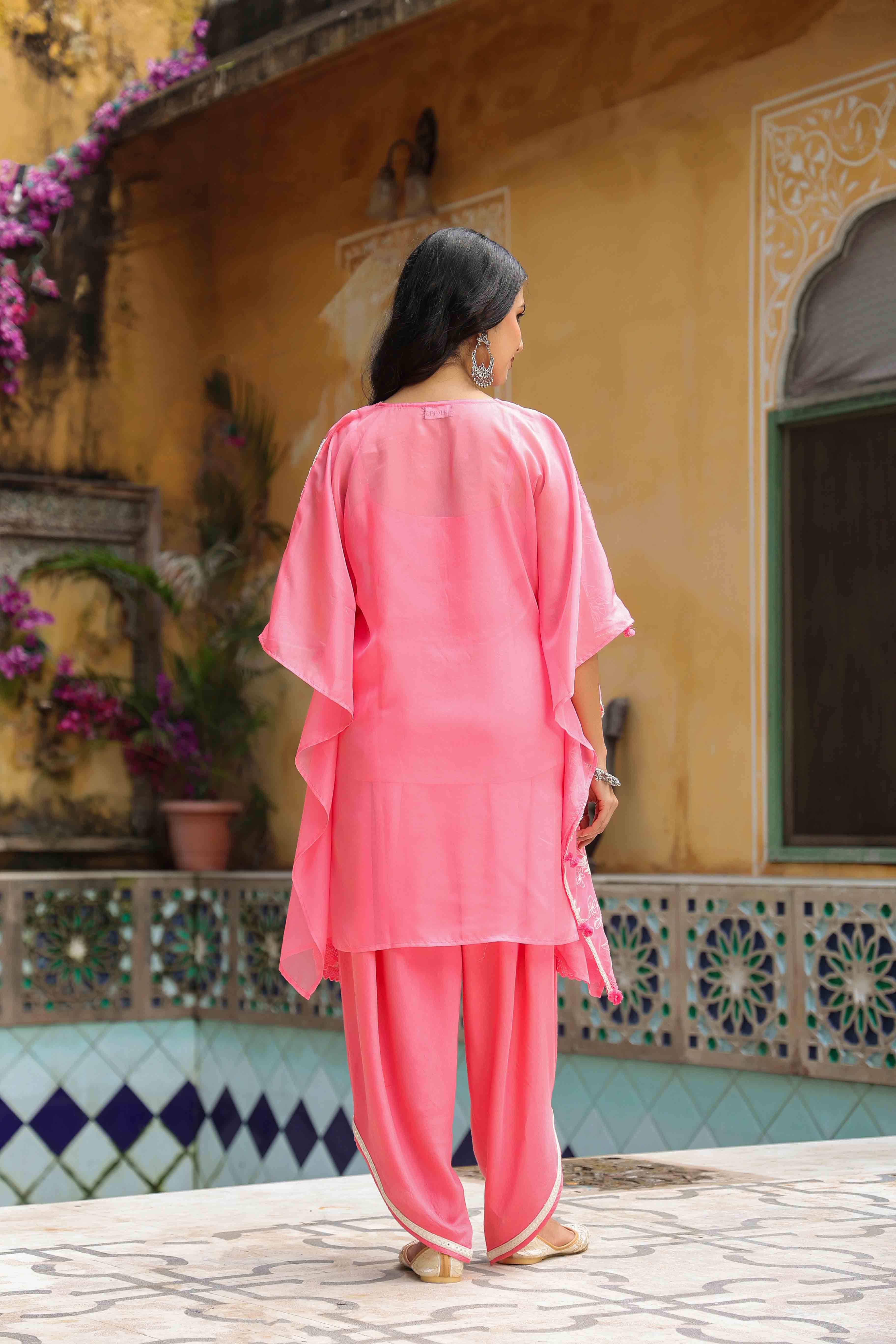 Pink Organza Embroidered Kaftan Set With Potli Bag
