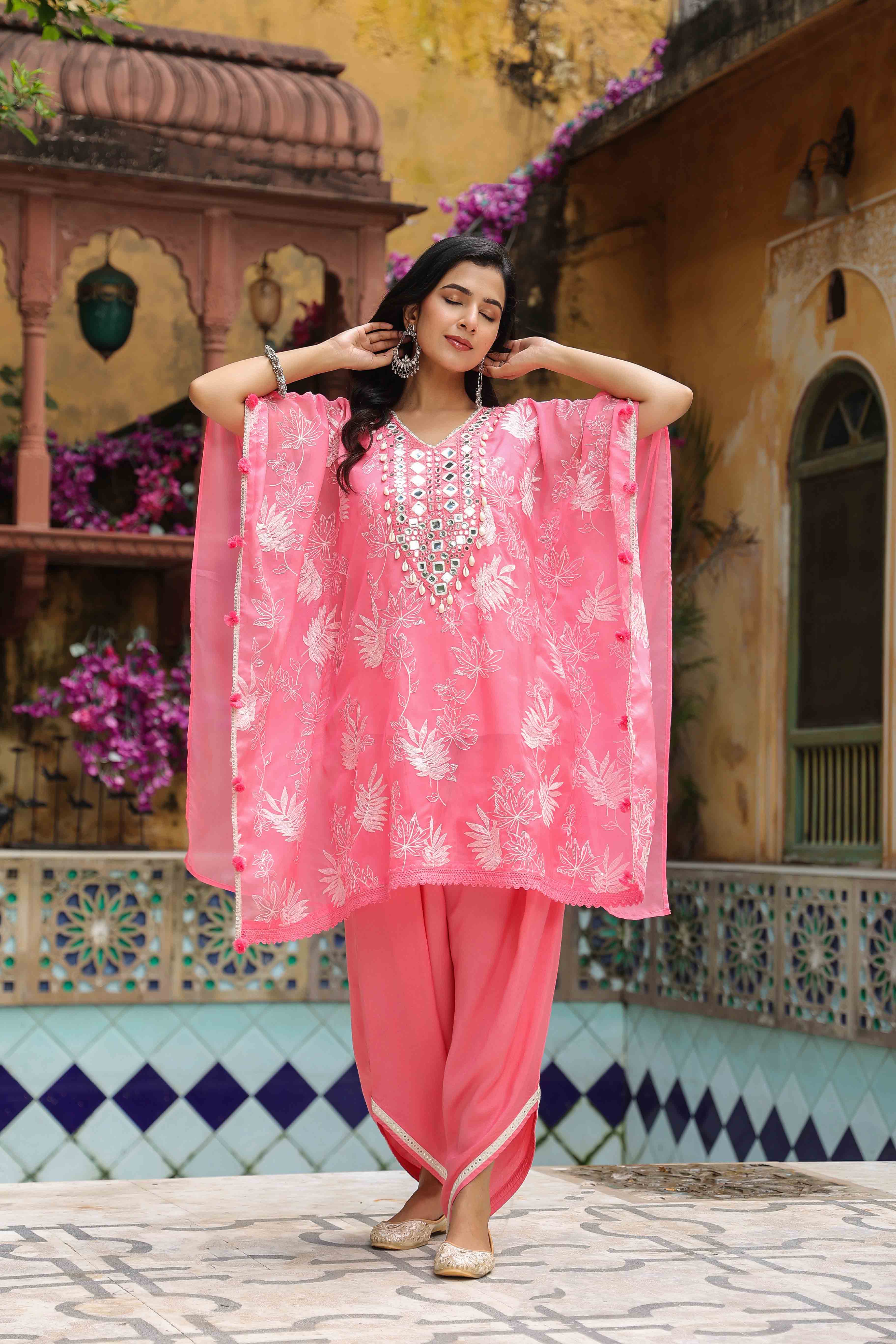 Pink Organza Embroidered Kaftan Set With Potli Bag