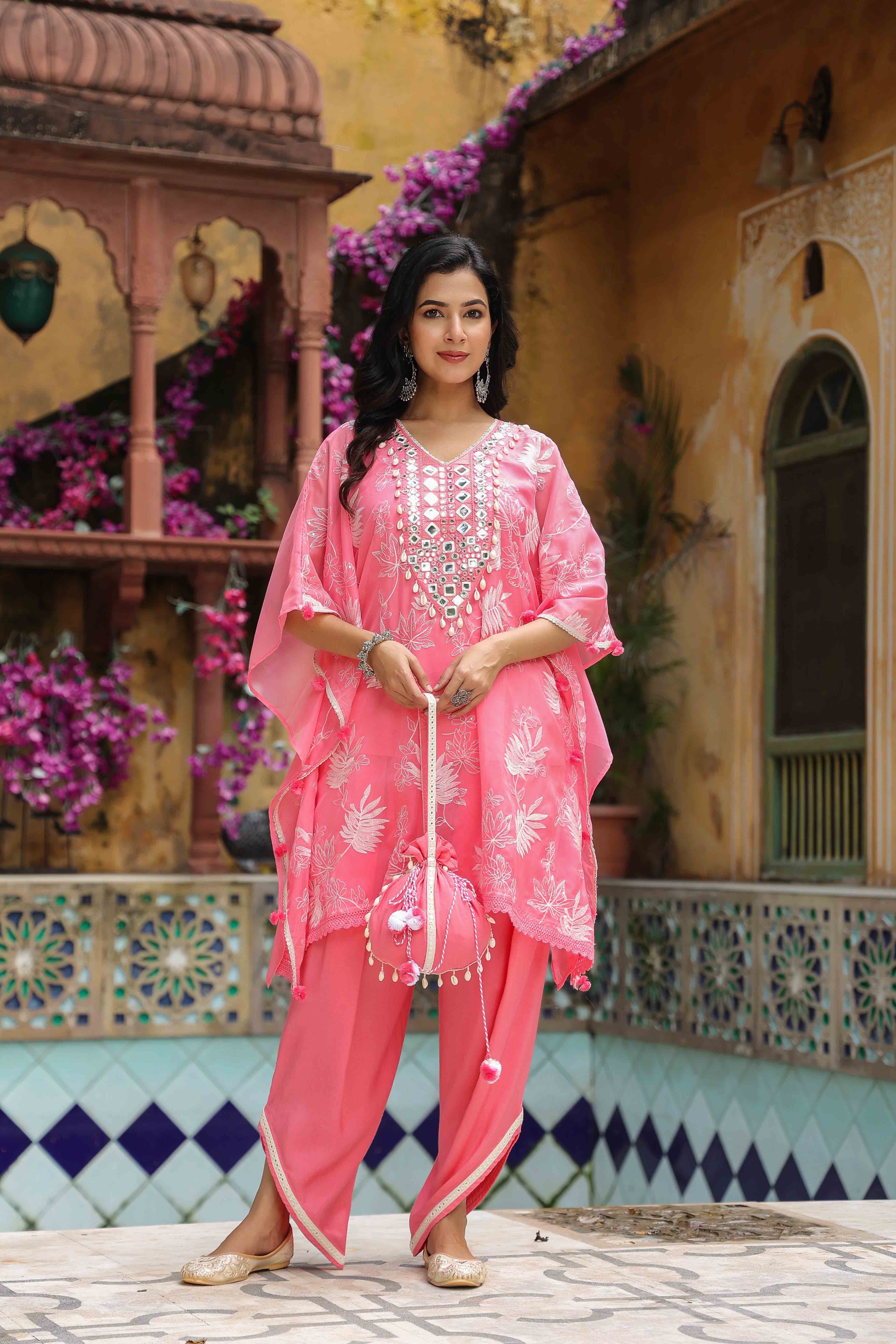 Pink Organza Embroidered Kaftan Set With Potli Bag