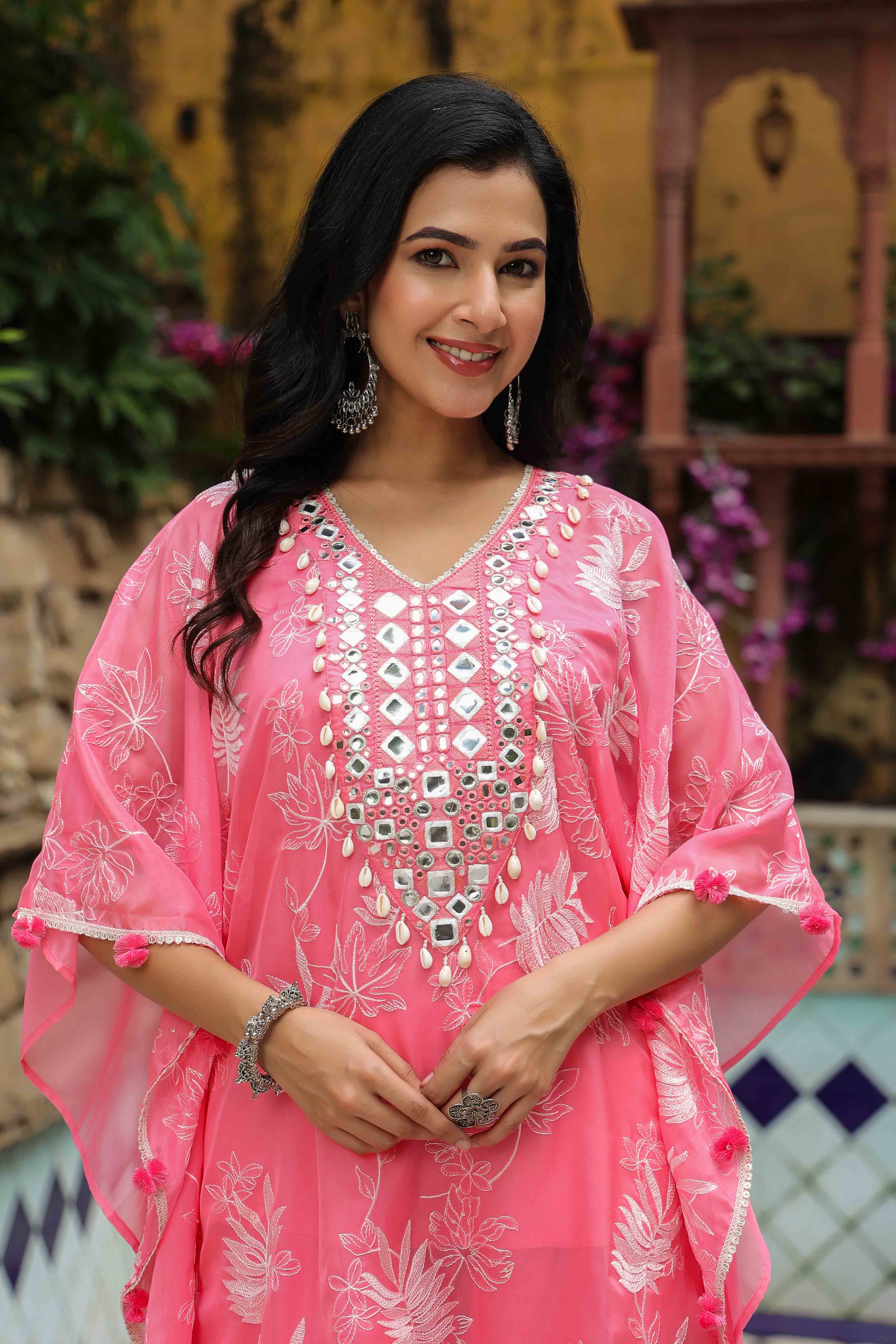 Pink Organza Embroidered Kaftan Set With Potli Bag