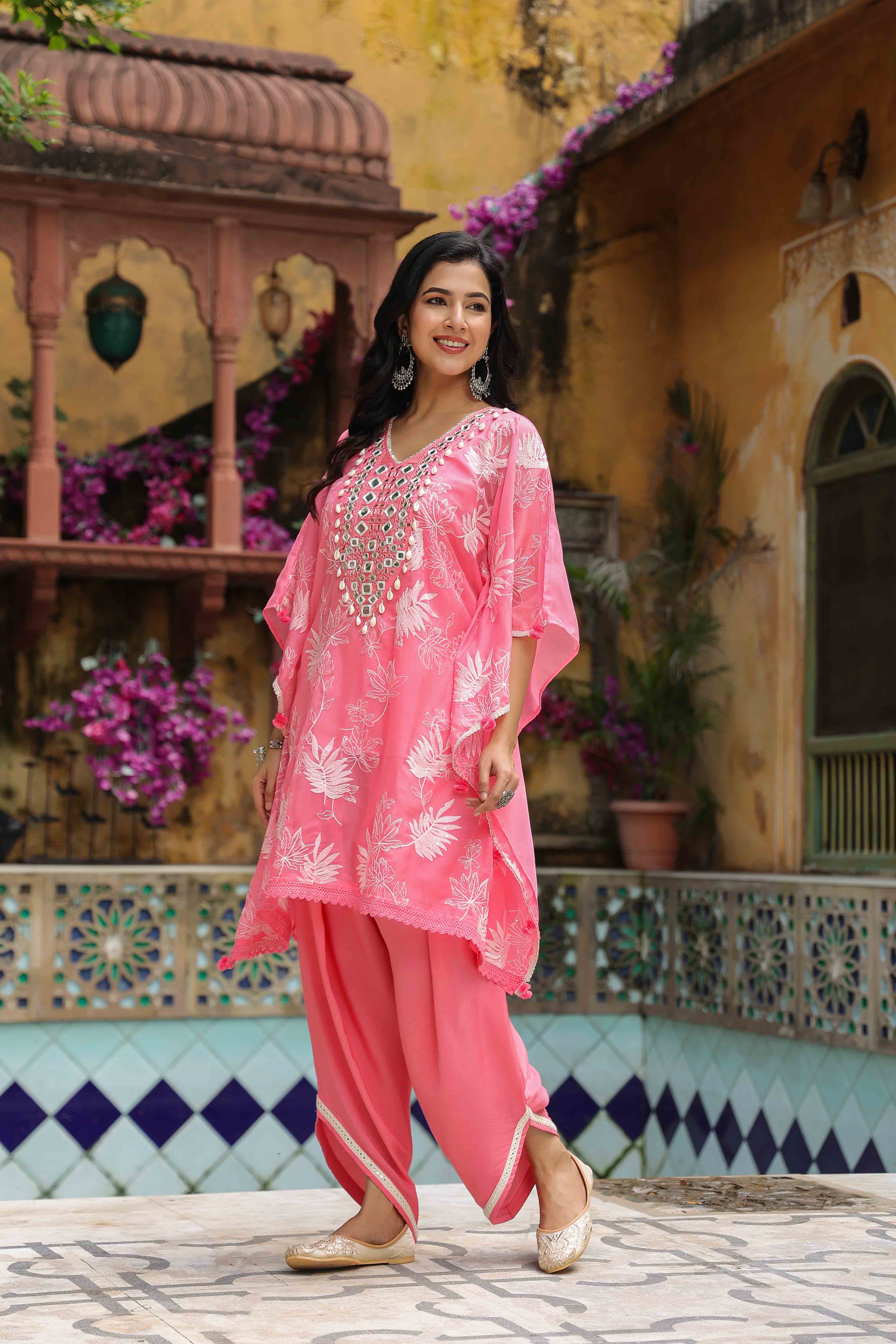 Pink Organza Embroidered Kaftan Set With Potli Bag