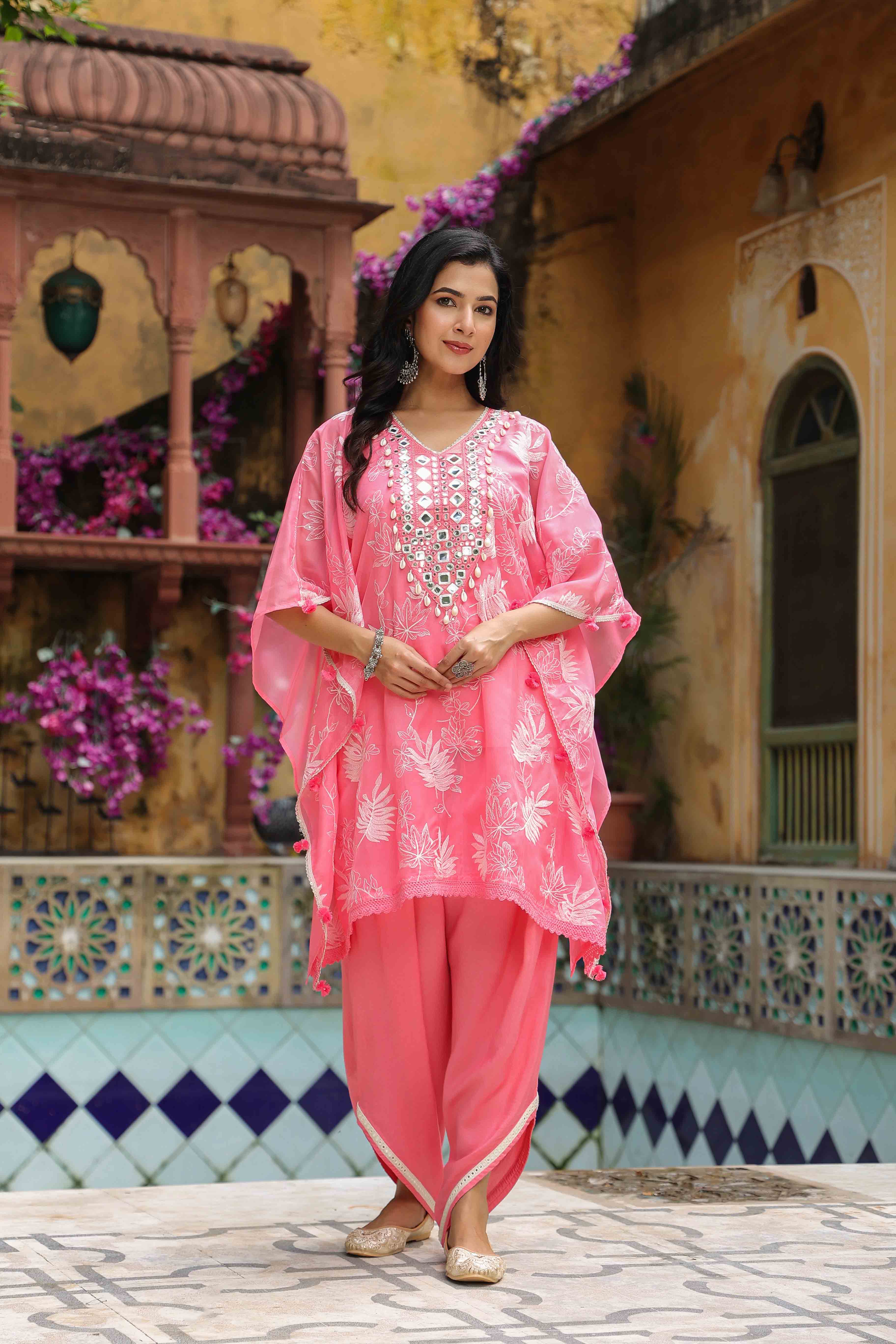 Pink Organza Embroidered Kaftan Set With Potli Bag