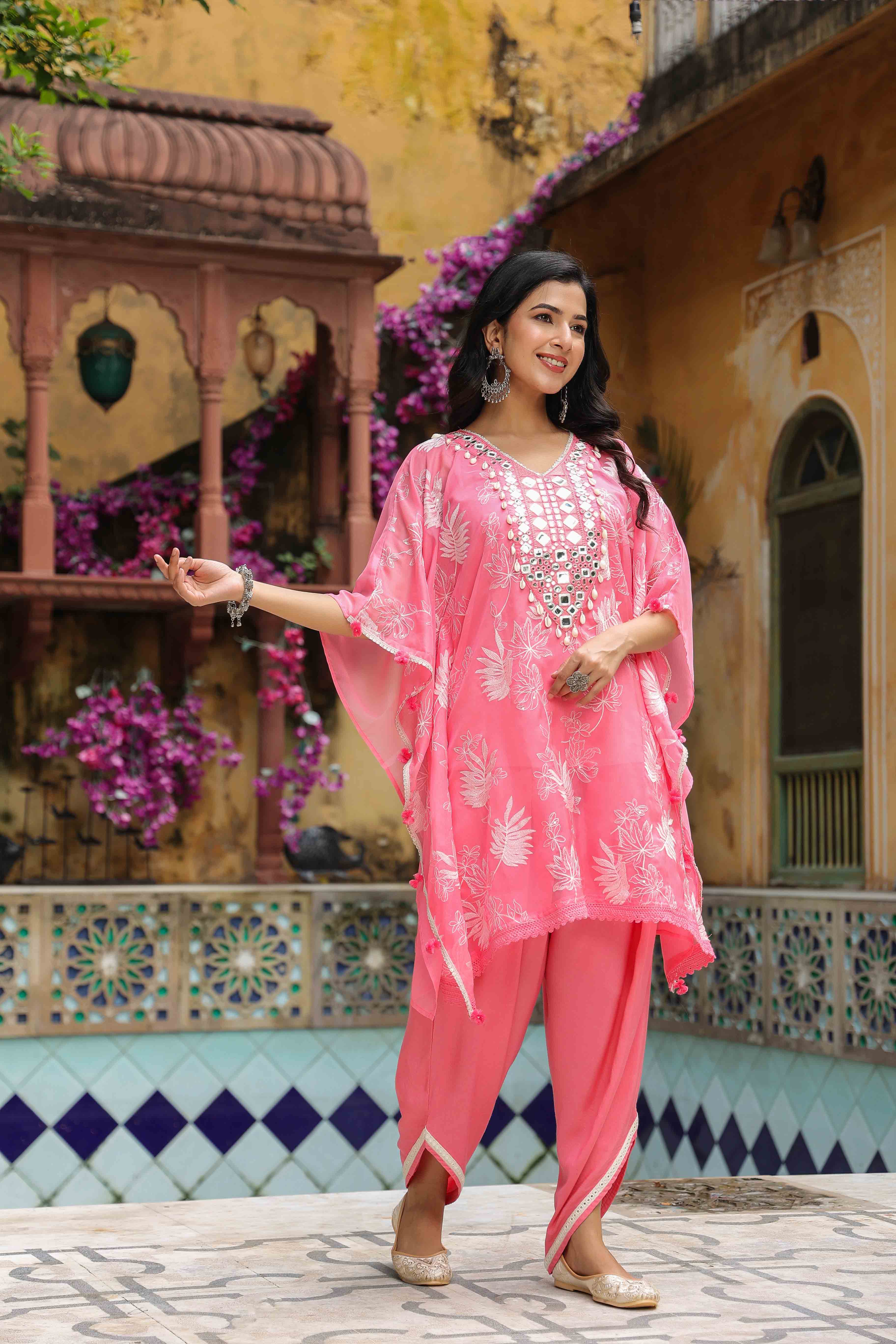 Pink Organza Embroidered Kaftan Set With Potli Bag