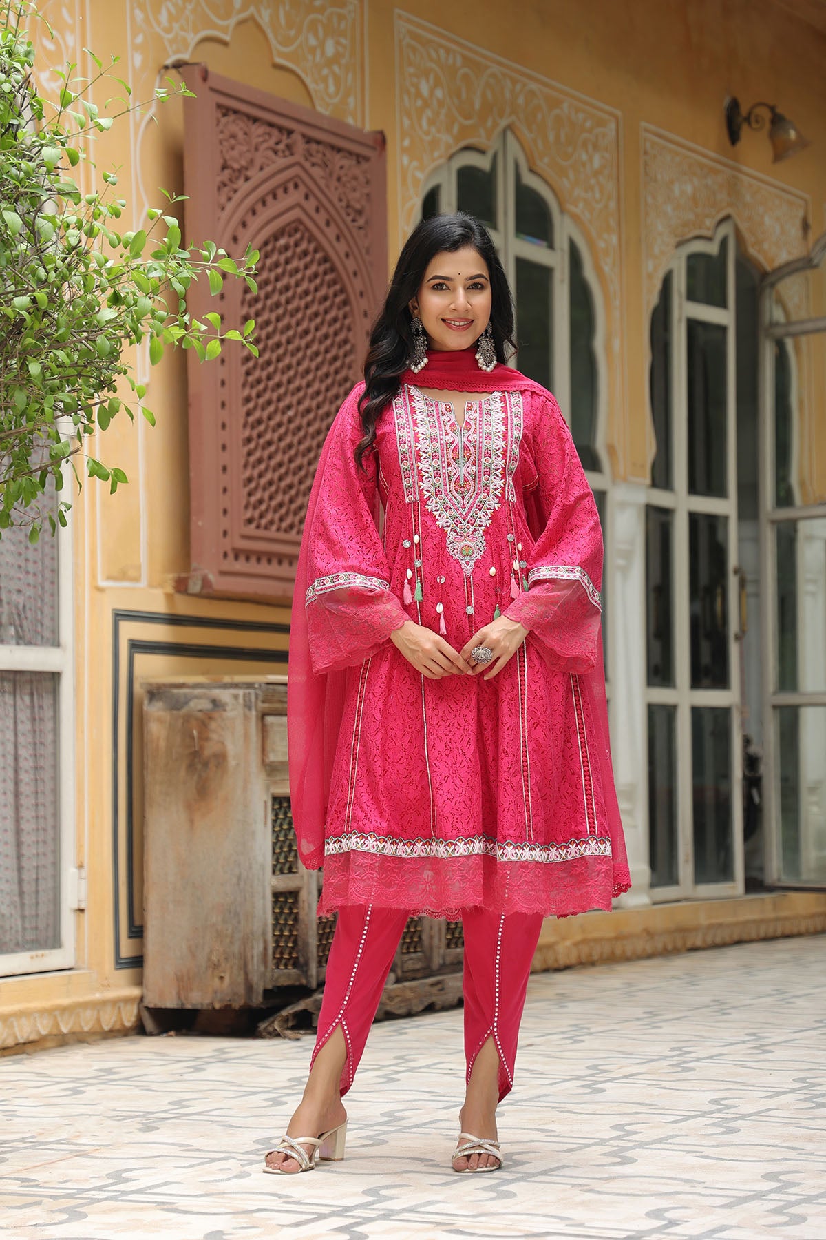 Pink Schiffli Net Embroidered Anarkali Set