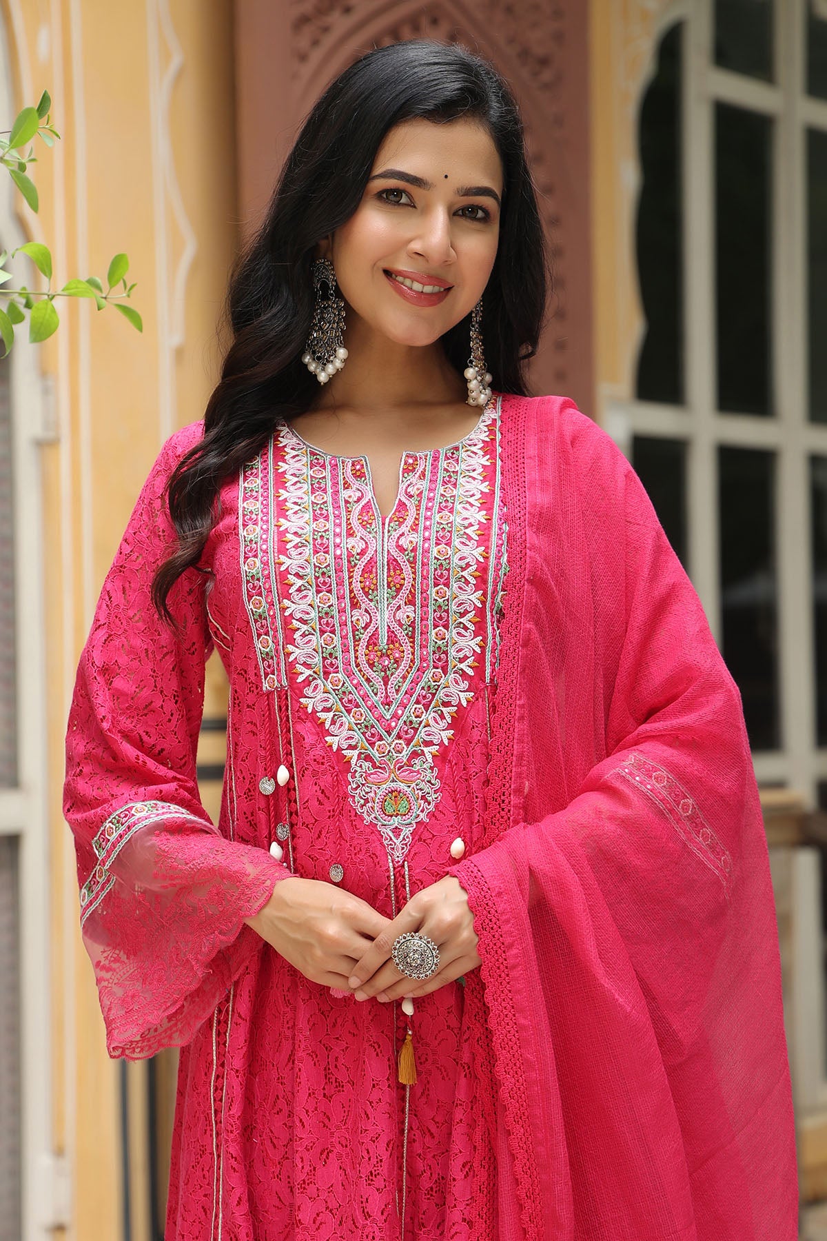 Pink Schiffli Net Embroidered Anarkali Set