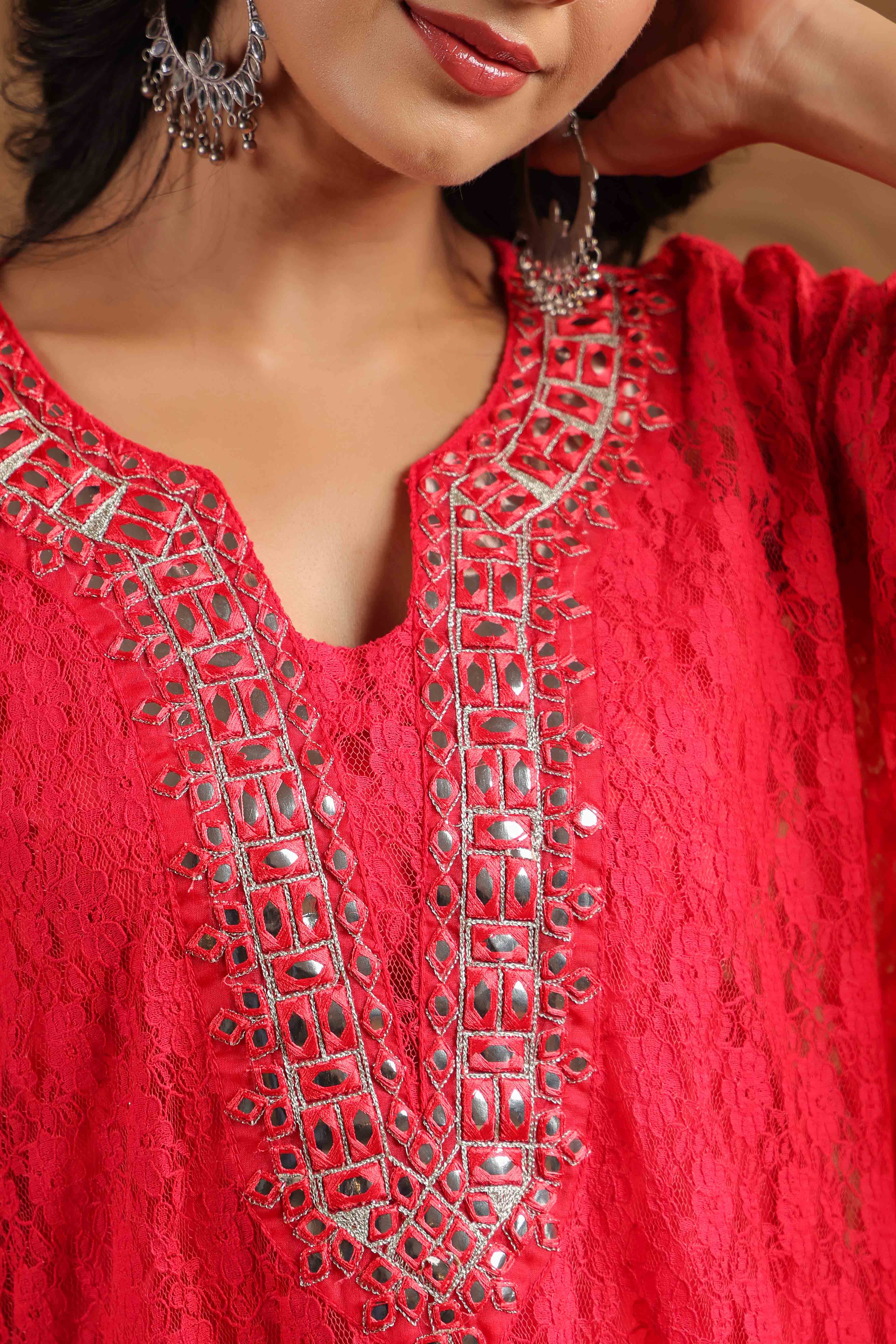 Red Schiffli Net Kaftan Set