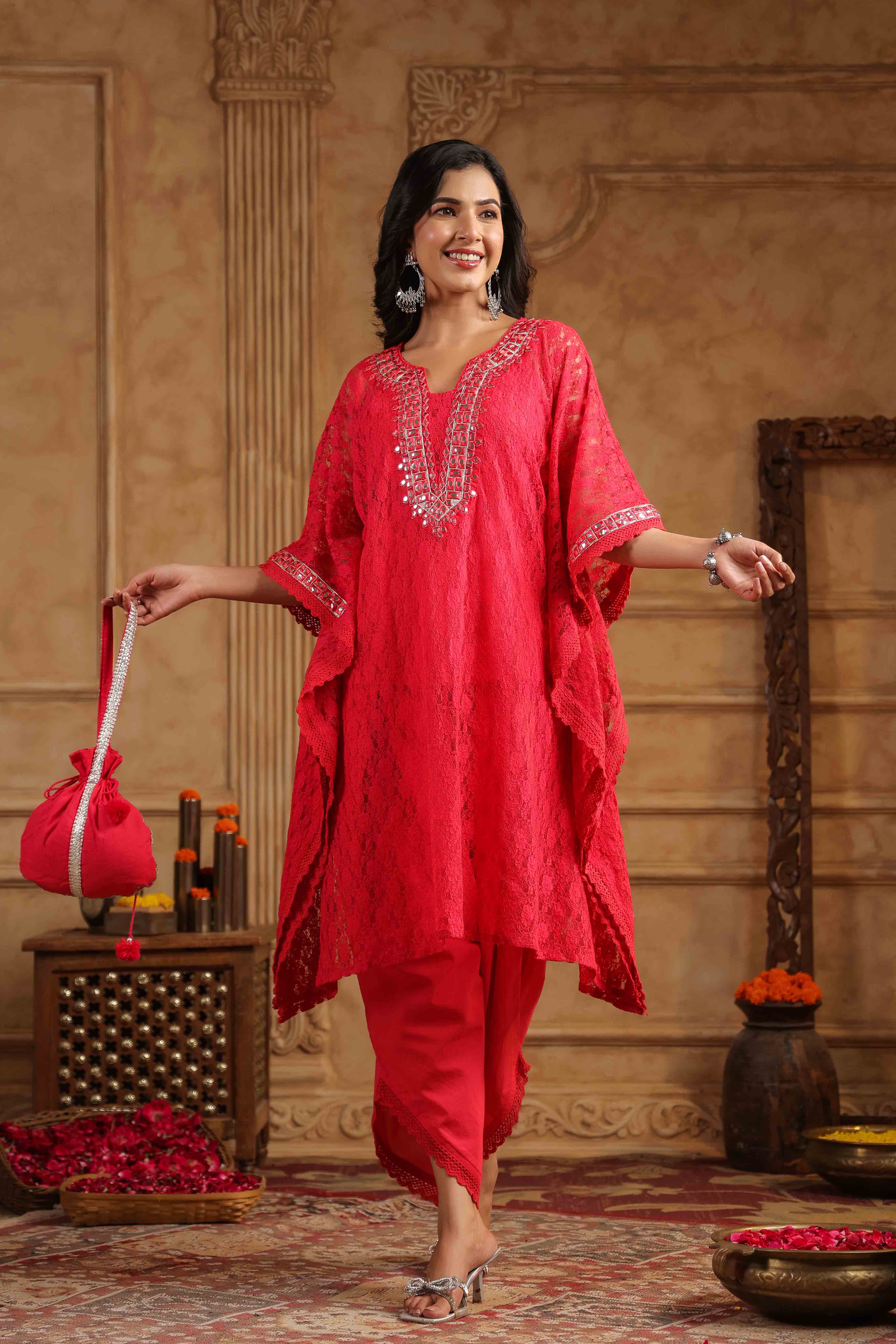 Red Schiffli Net Kaftan Set With Potli Bag