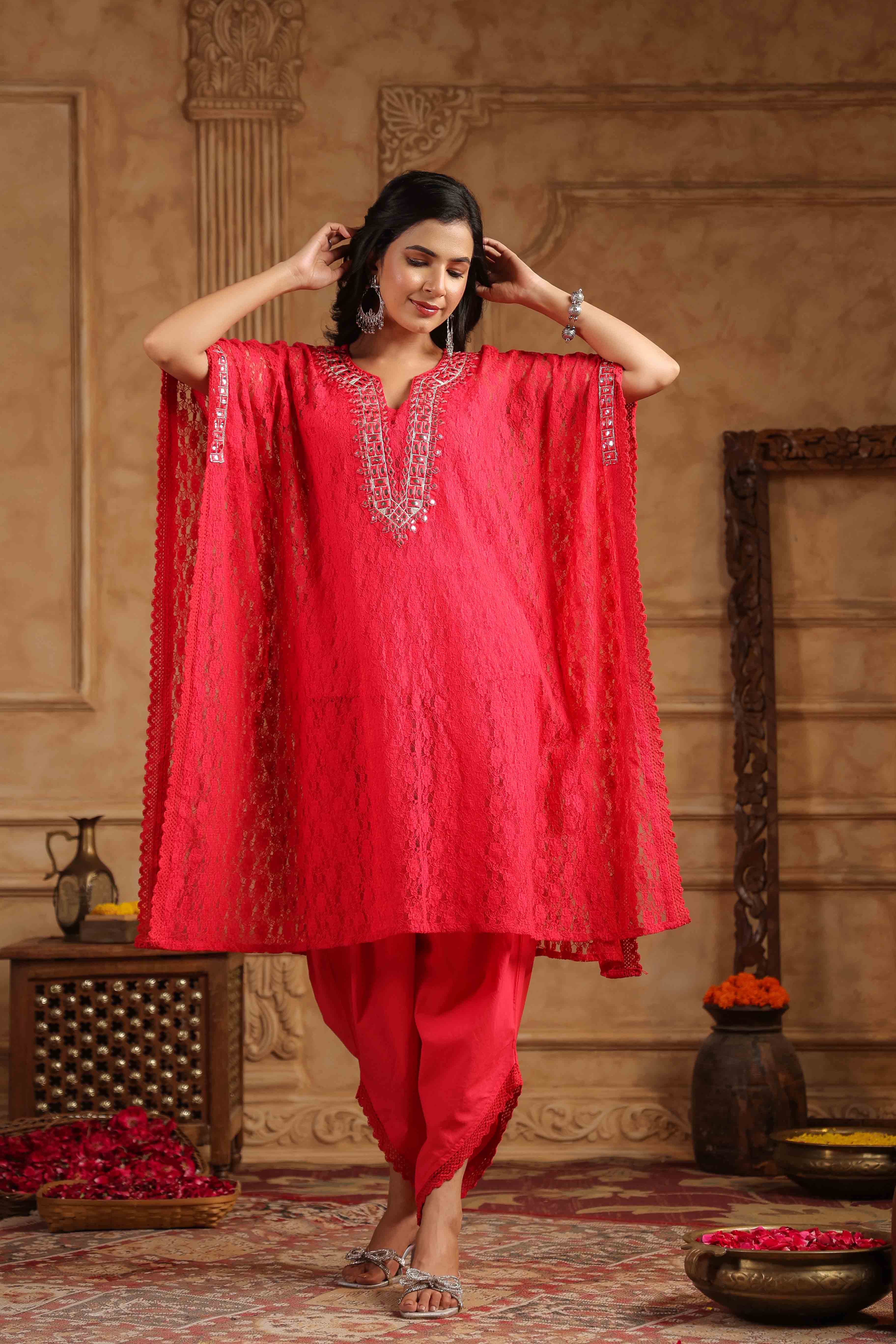 Red Schiffli Net Kaftan Set With Potli Bag