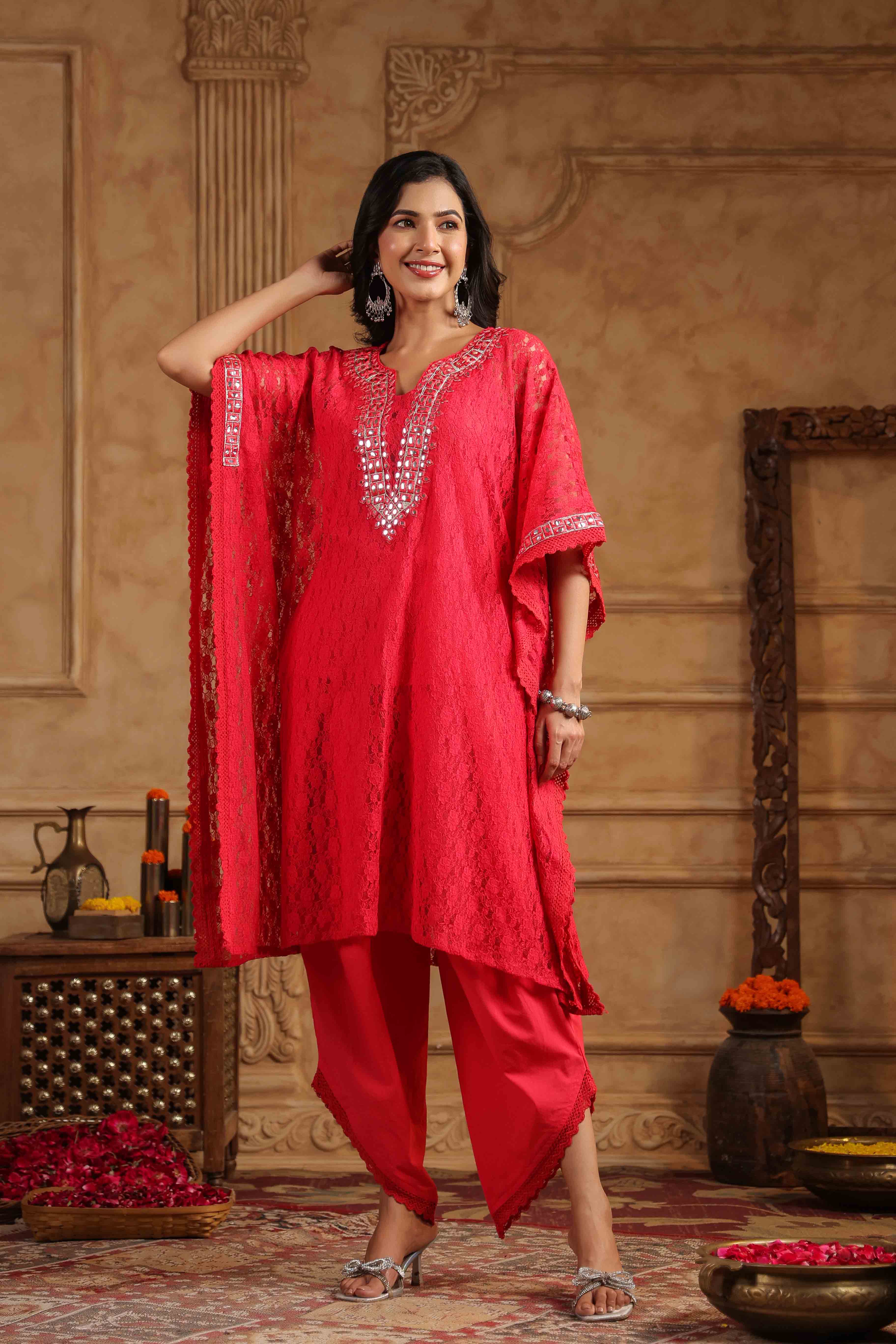 Red Schiffli Net Kaftan Set With Potli Bag