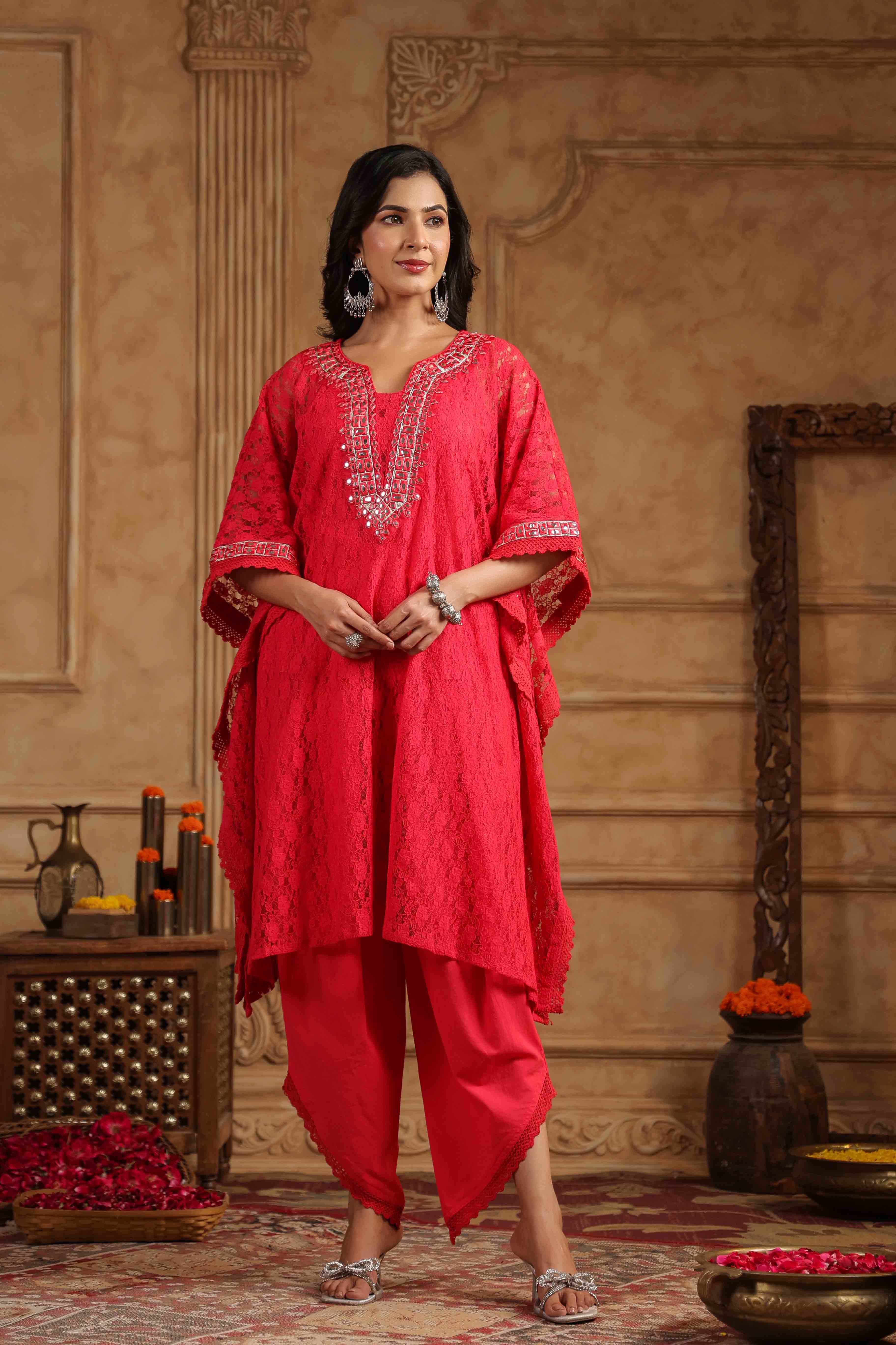Red Schiffli Net Kaftan Set