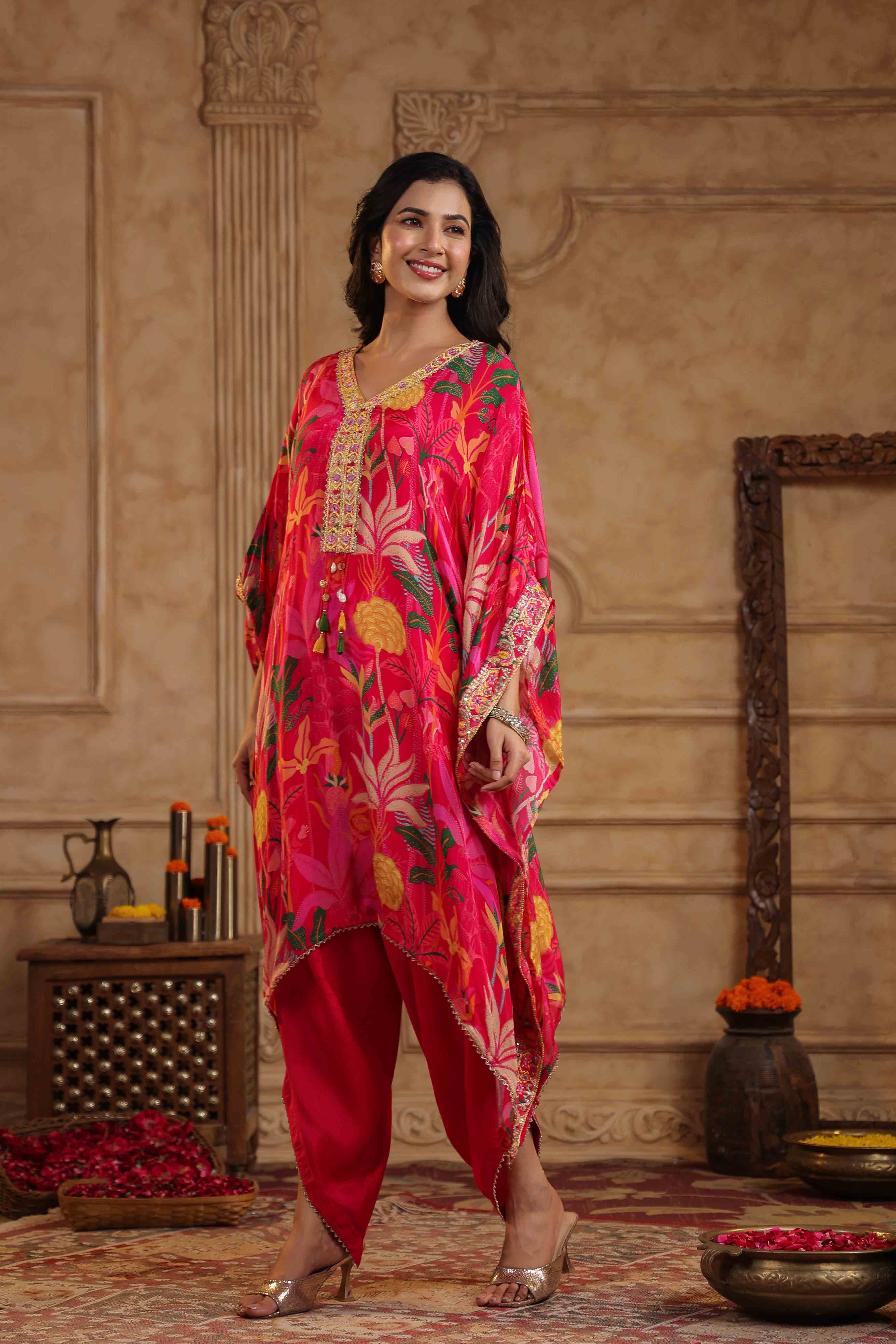 Pink Chinon Floral Kaftan Set With Potli Bag