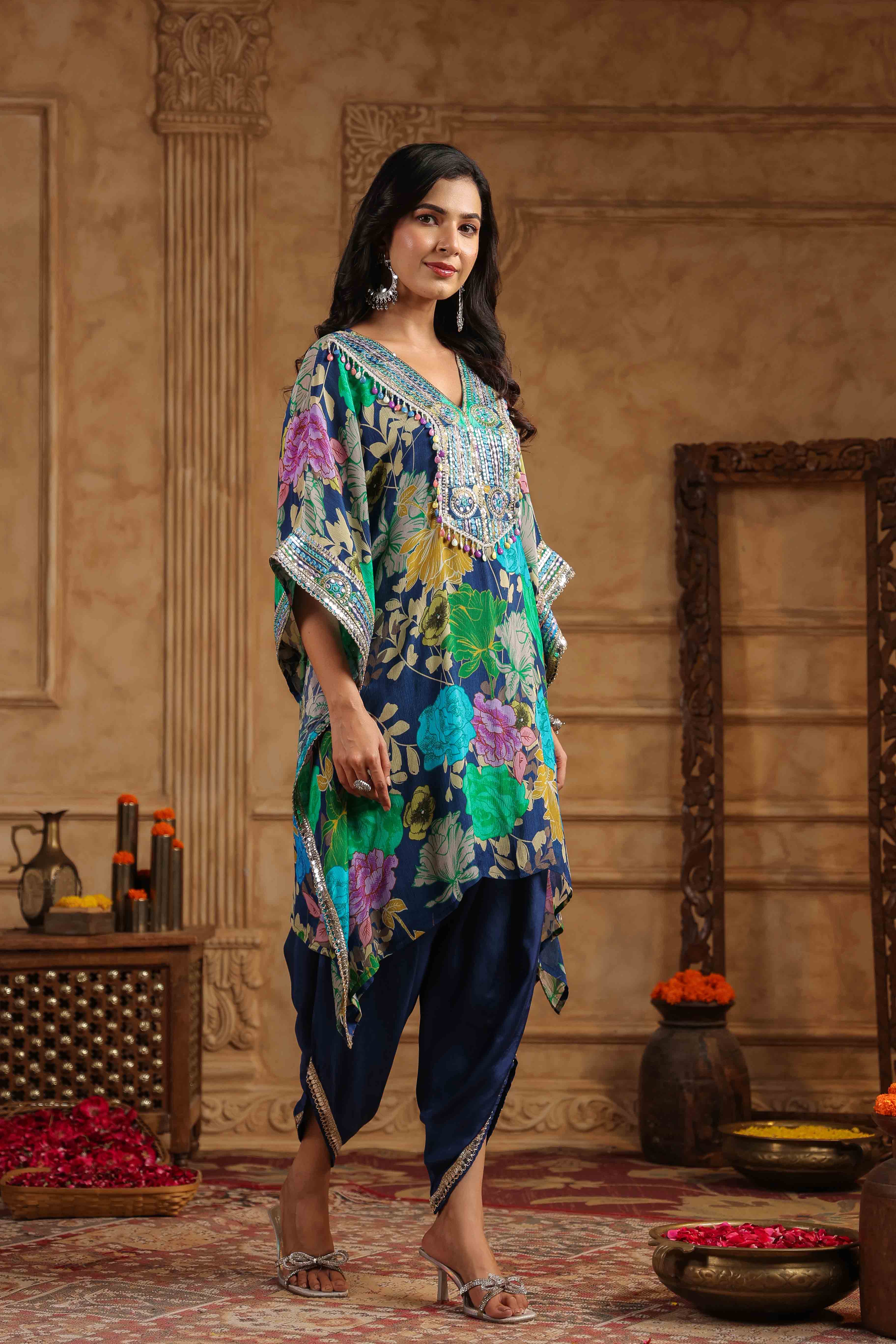 Blue Chinon Embroidered Kaftan Set With Potli Bag