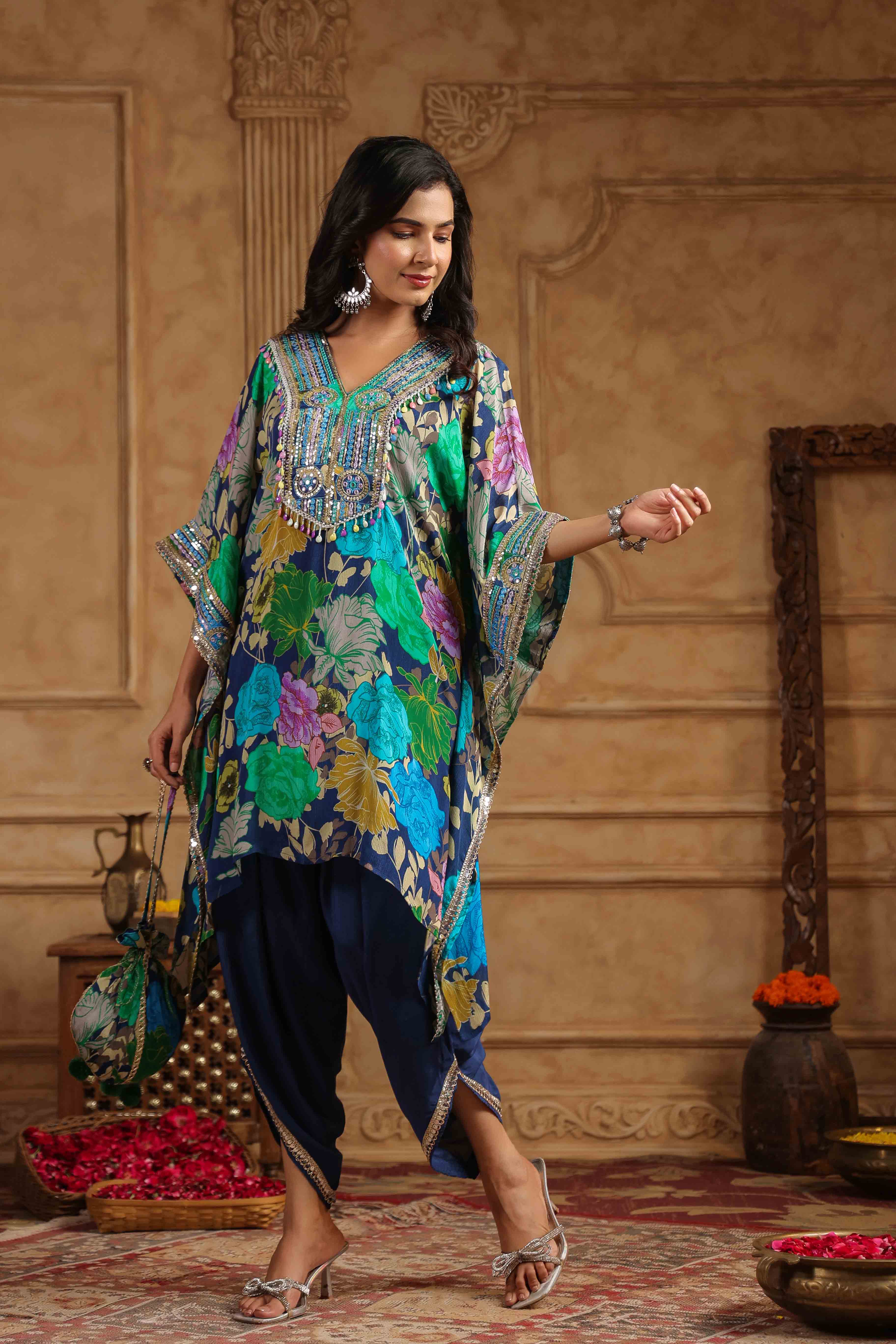 Blue Chinon Embroidered Kaftan Set With Potli Bag