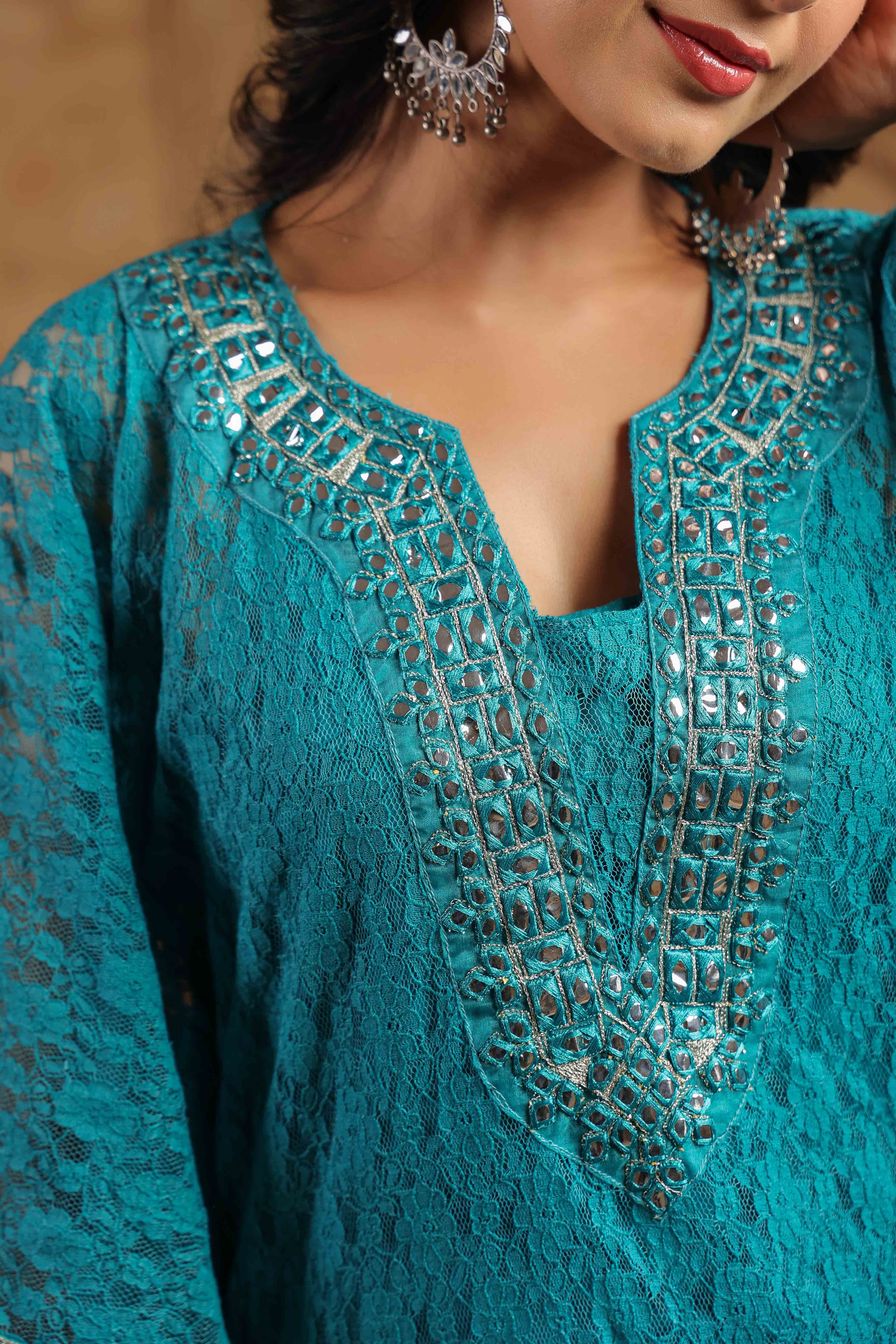 Blue Schiffli Net Kaftan Set With Potli Bag