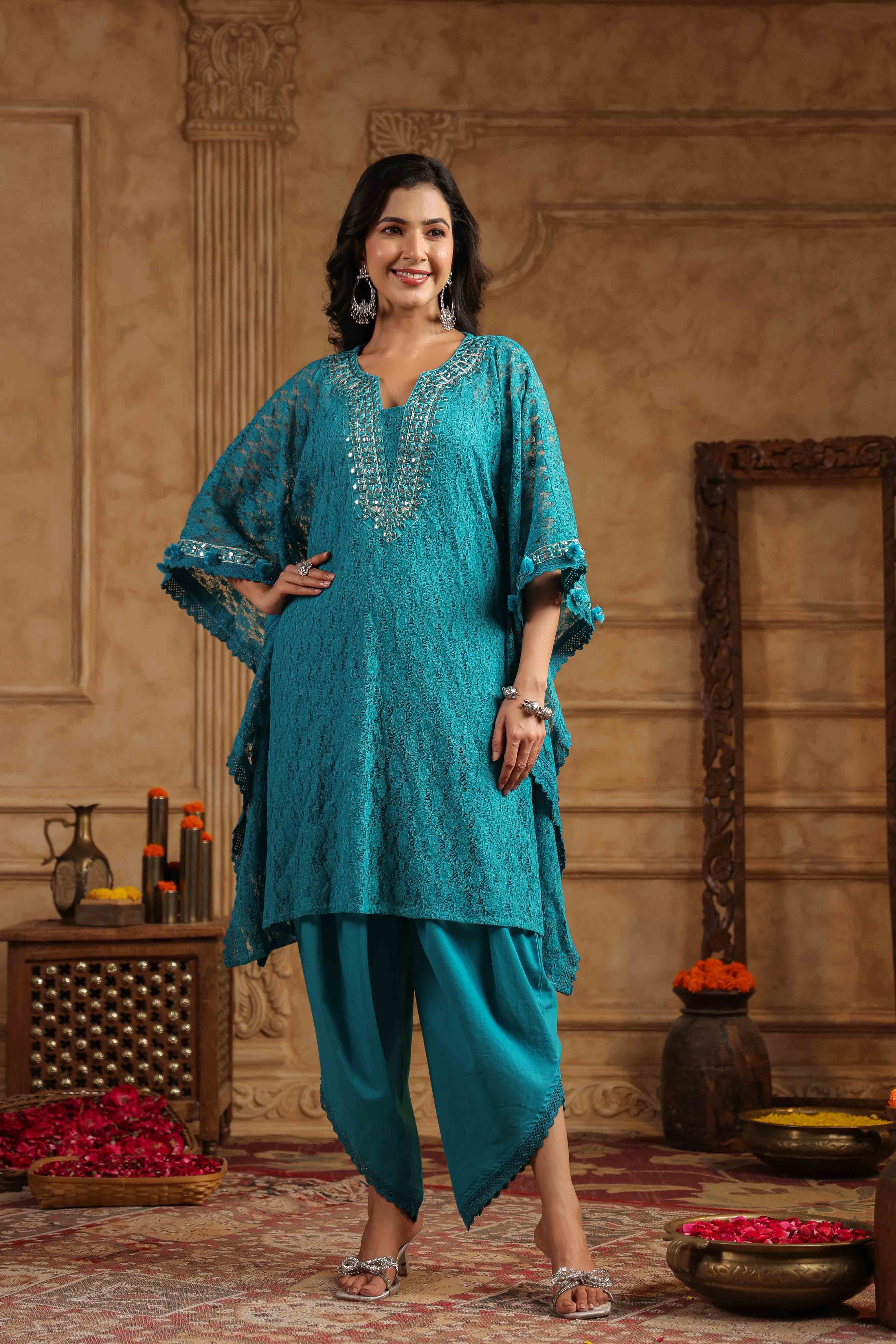 Blue Schiffli Net Kaftan Set With Potli Bag