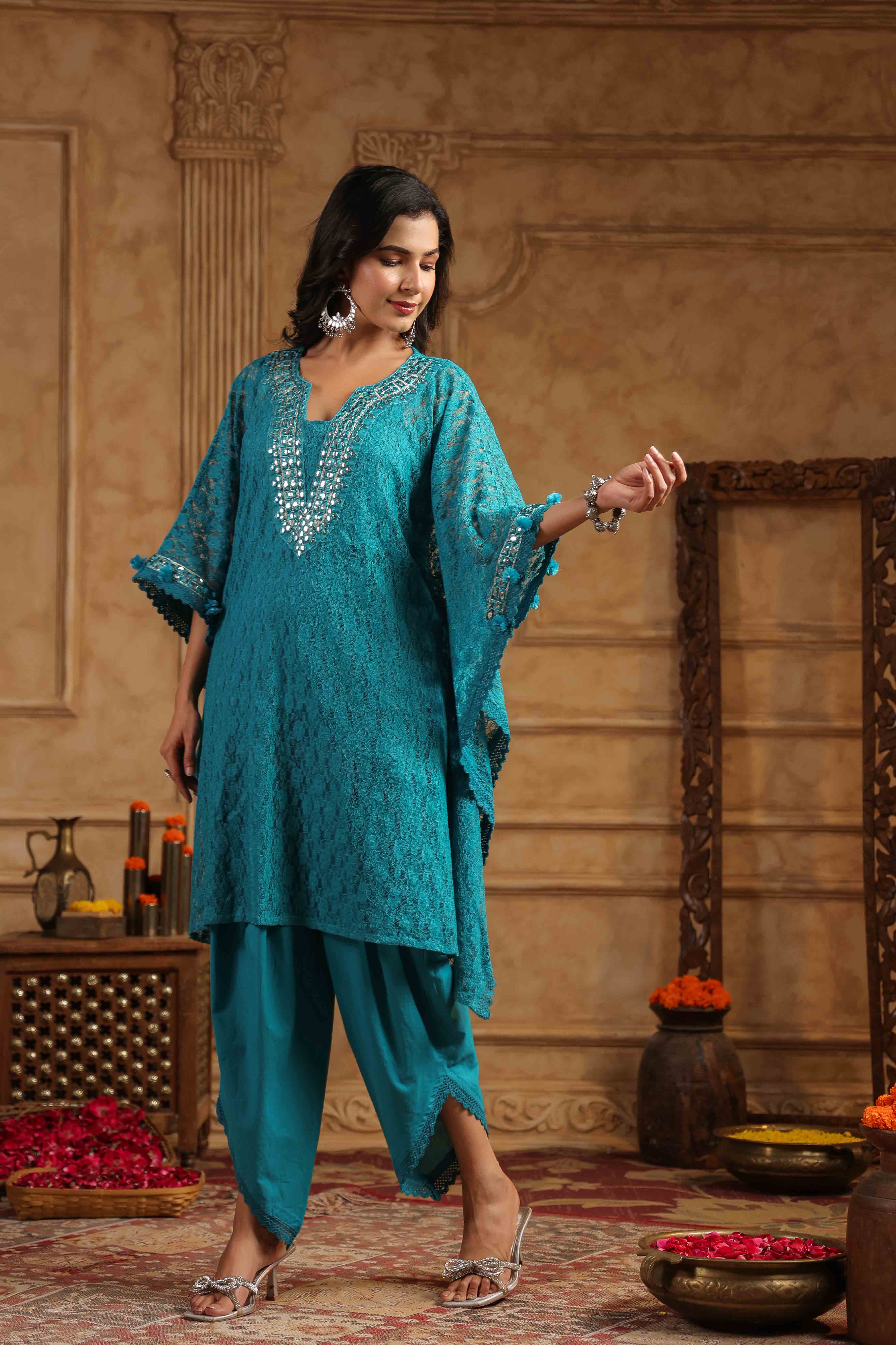 Blue Schiffli Net Kaftan Set With Potli Bag