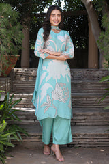 Turquoise Floral Crepe Kurta Pant Set with Stylish Chunni