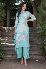 Turquoise Floral Crepe Kurta Pant Set with Stylish Chunni
