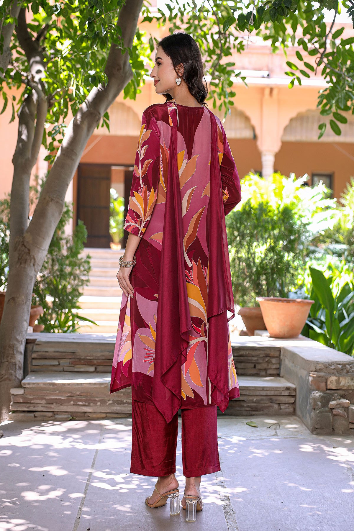 Red Multicolor Viscose Crepe Printed Suit Set