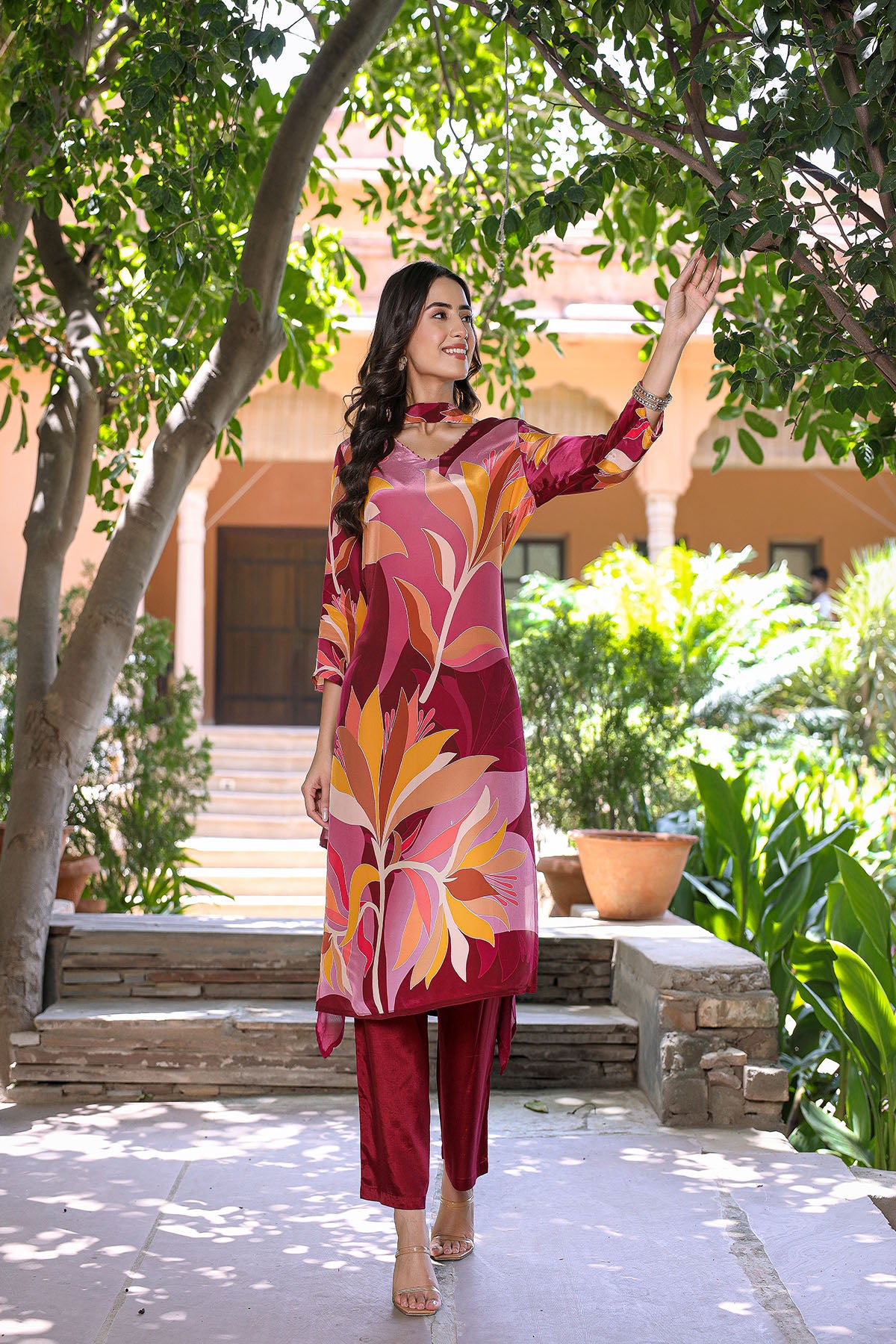 Red Multicolor Viscose Crepe Printed Suit Set