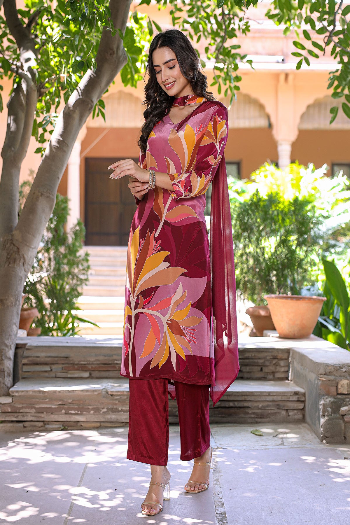 Red Multicolor Viscose Crepe Printed Suit Set