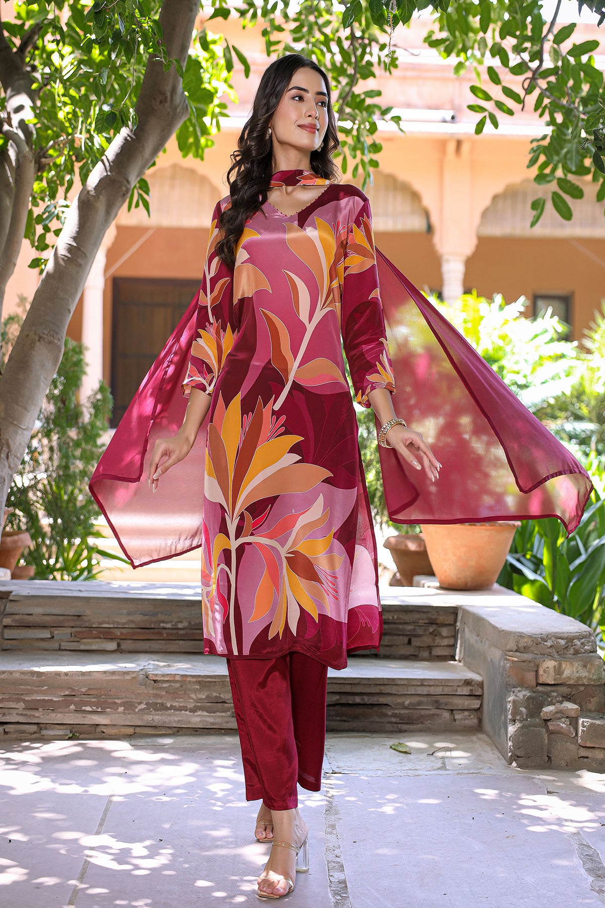 Red Multicolor Viscose Crepe Printed Suit Set