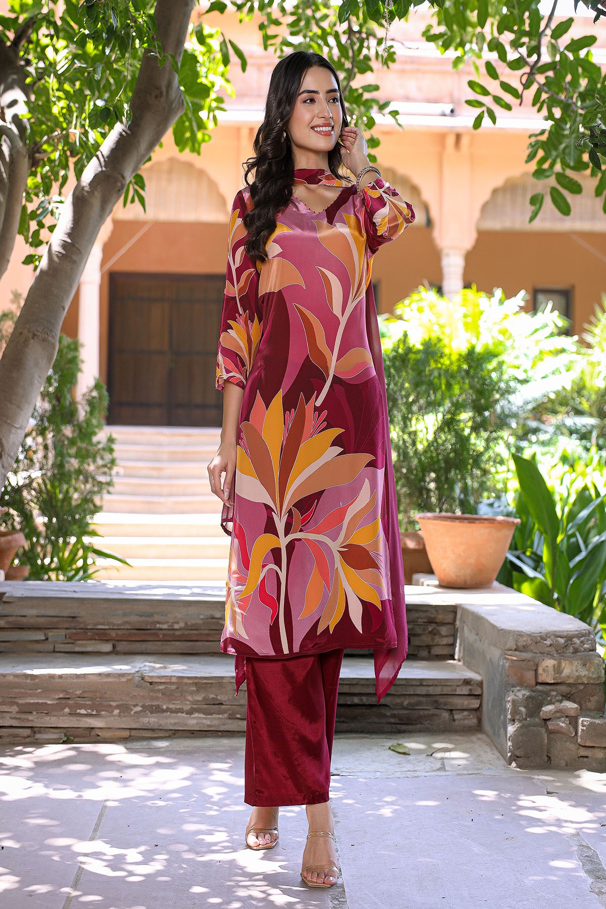 Red Multicolor Viscose Crepe Printed Suit Set