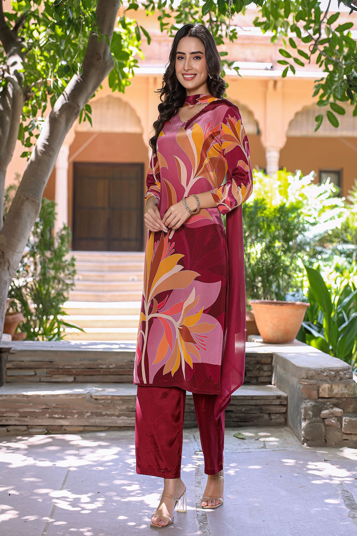 Red Multicolor Viscose Crepe Printed Suit Set