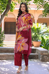 Maroon floral crepe kurta pant set with stylish chunni