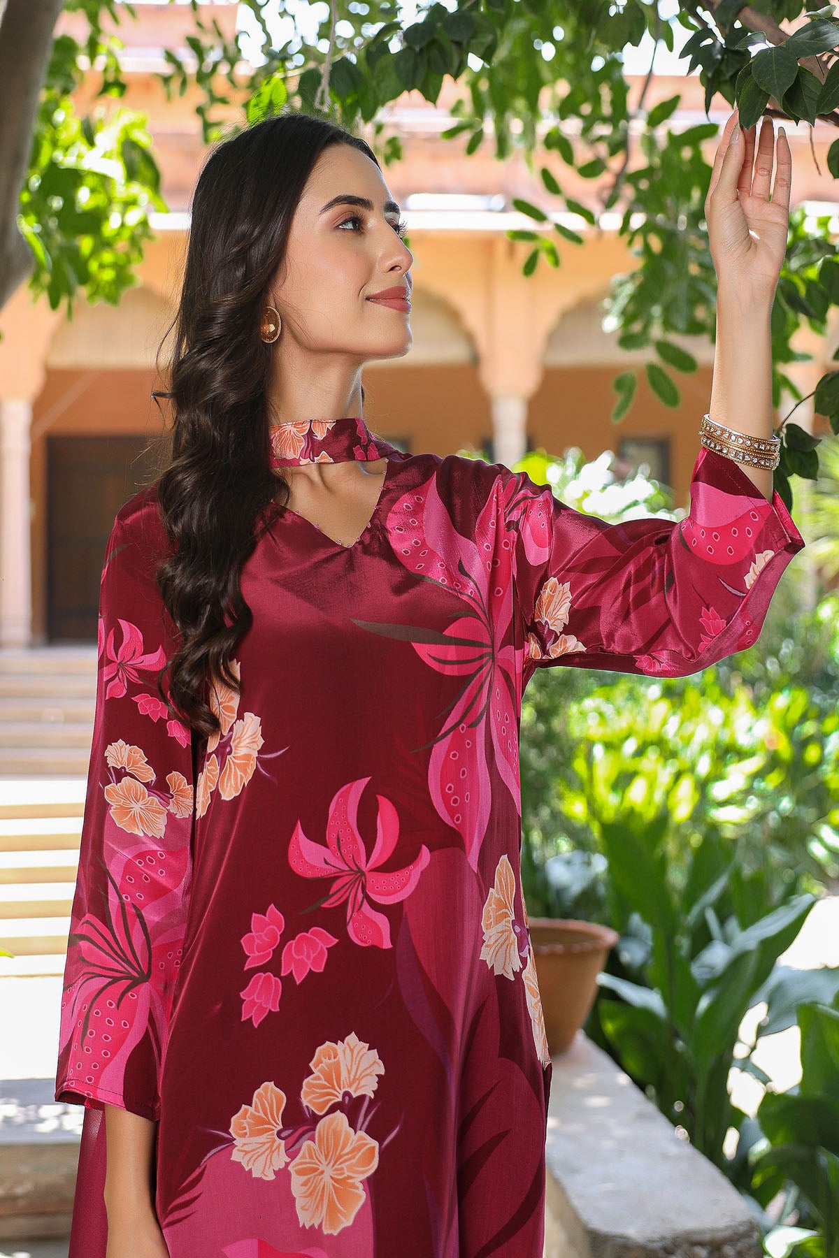 Maroon Viscose Crepe Printed Suit Set