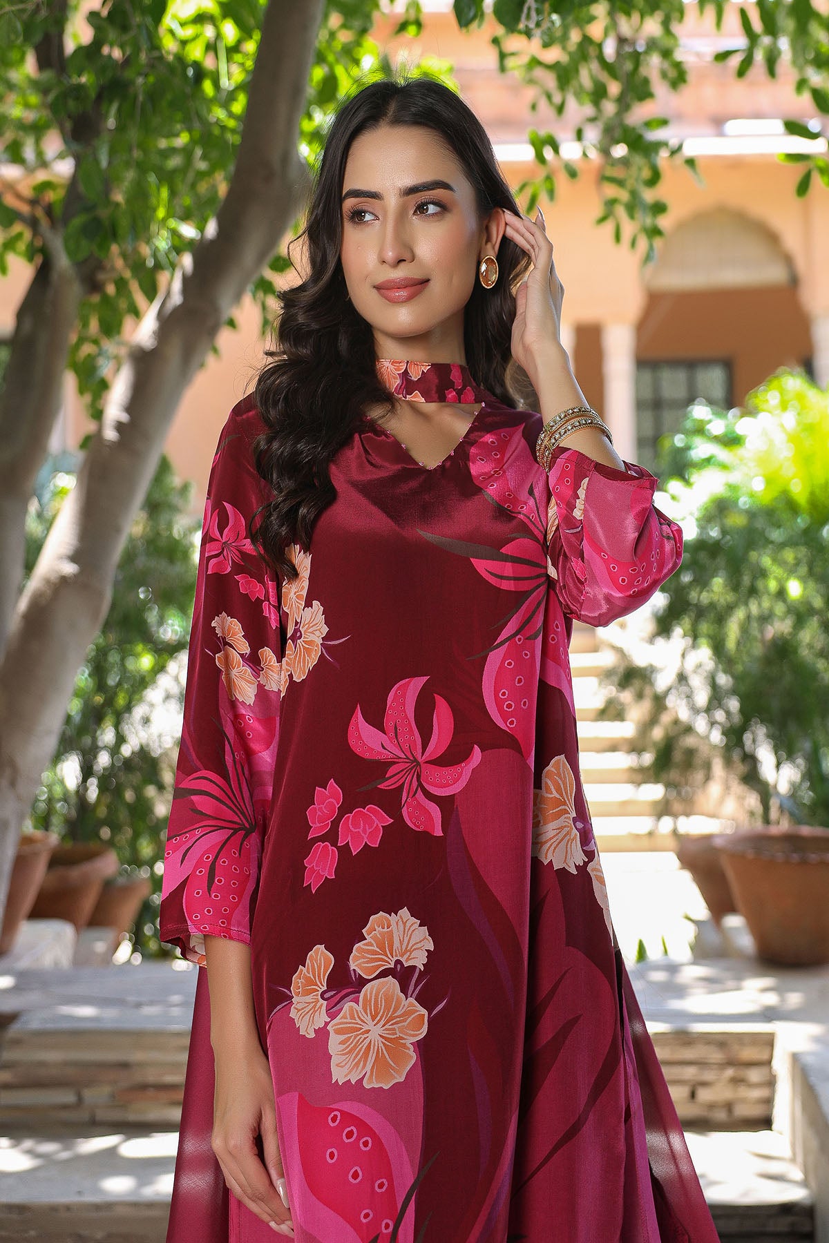 Maroon Viscose Crepe Printed Suit Set