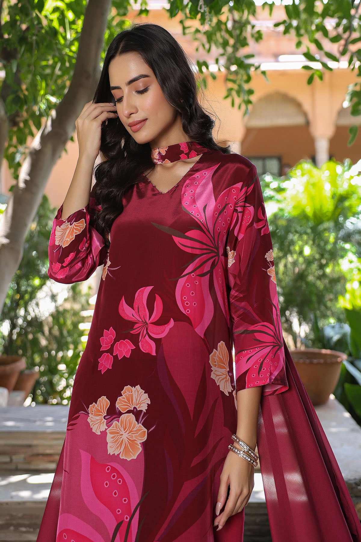 Maroon Viscose Crepe Printed Suit Set