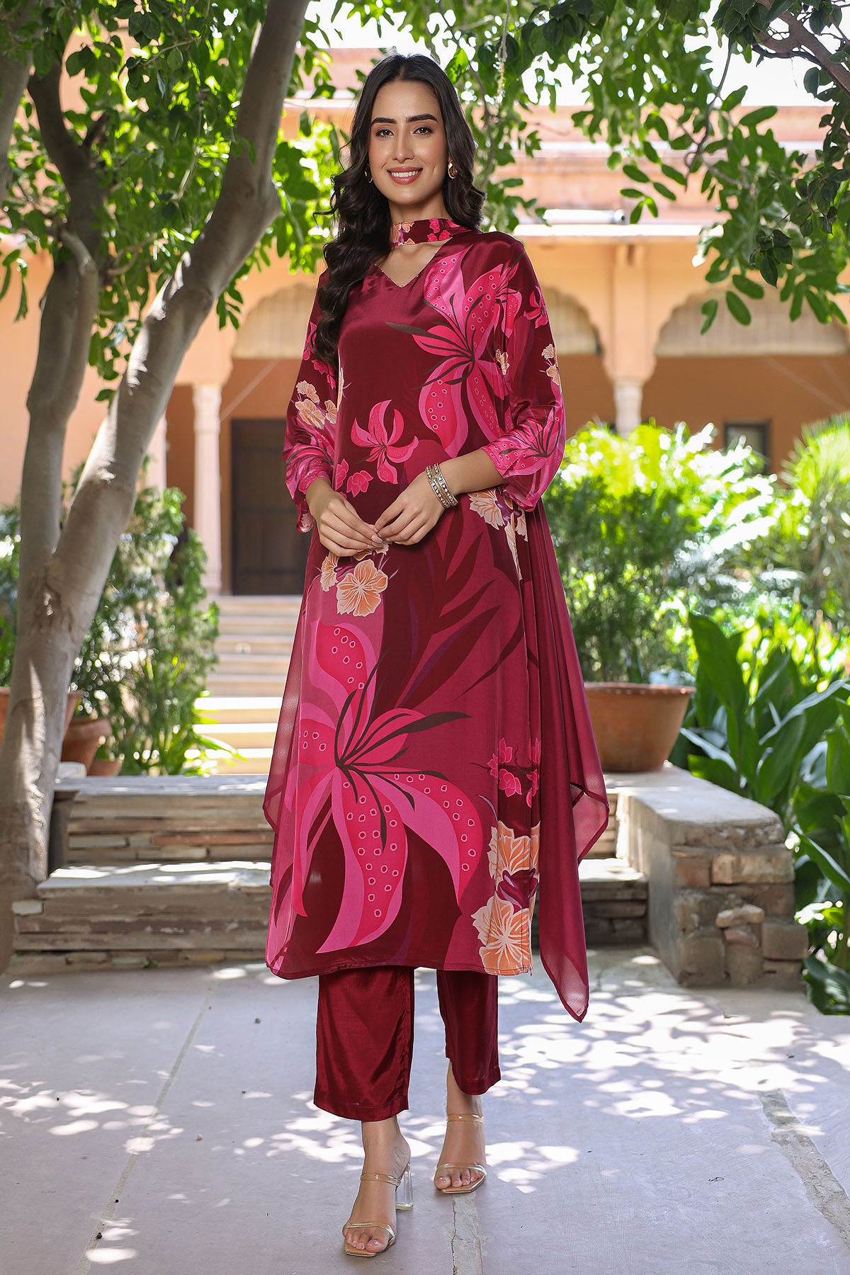 Maroon Viscose Crepe Printed Suit Set