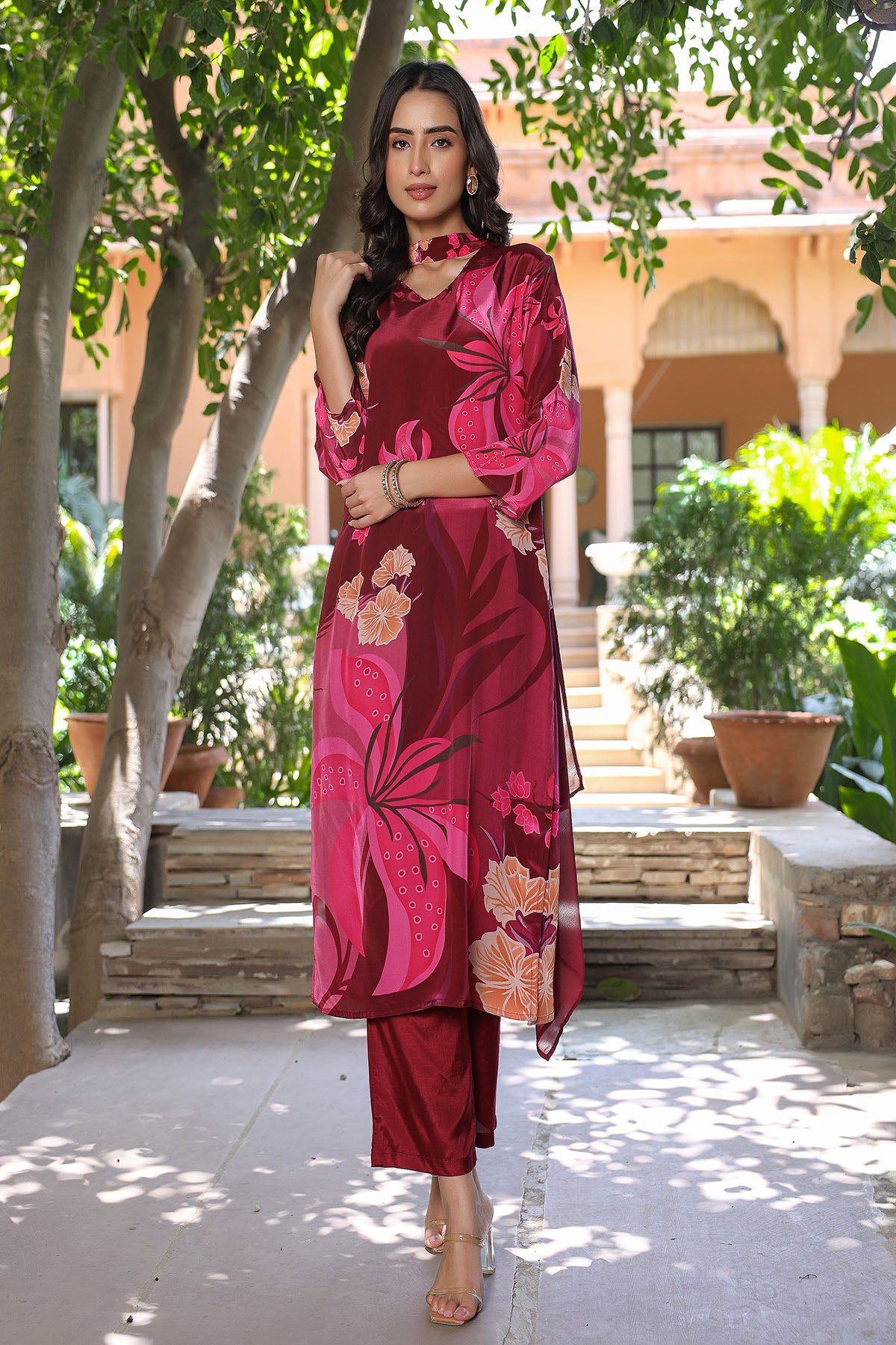 Maroon Viscose Crepe Printed Suit Set