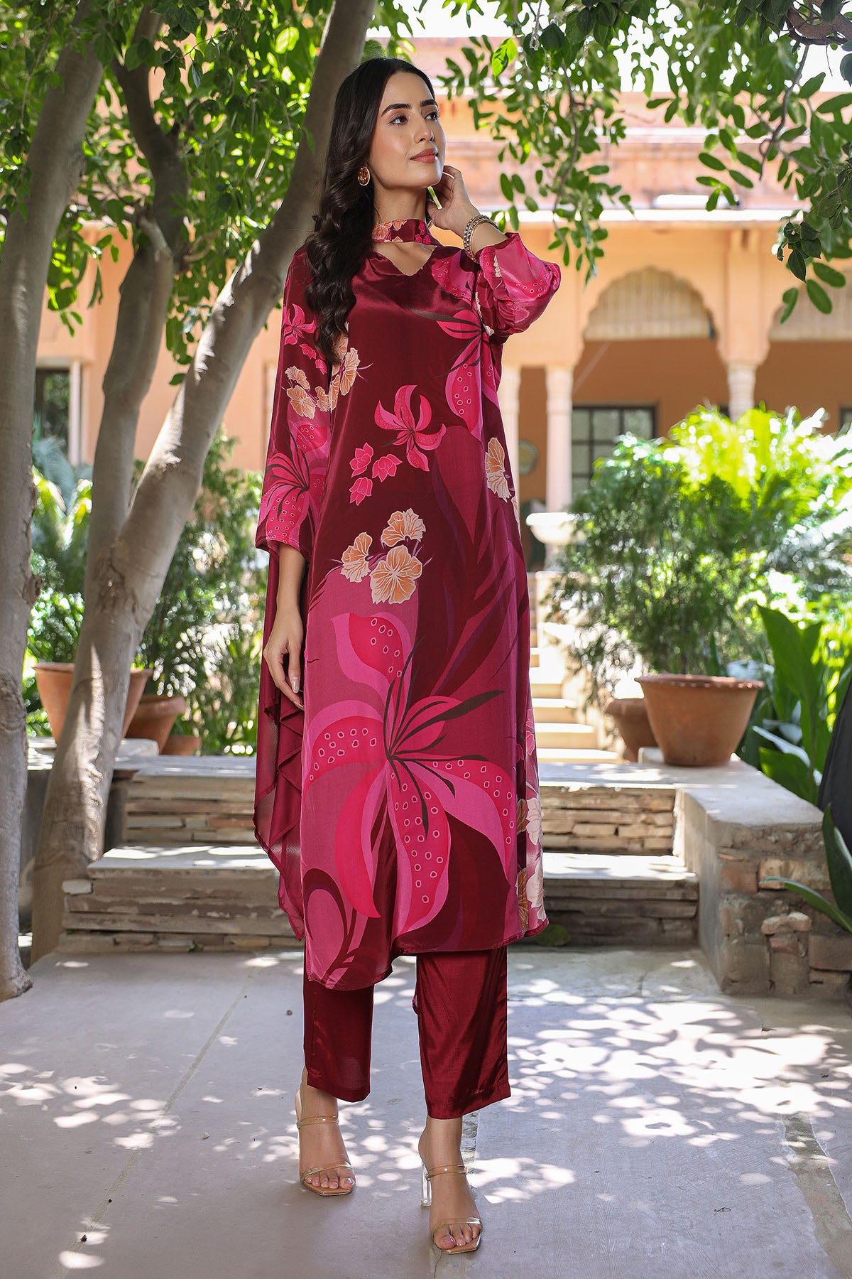 Maroon Viscose Crepe Printed Suit Set