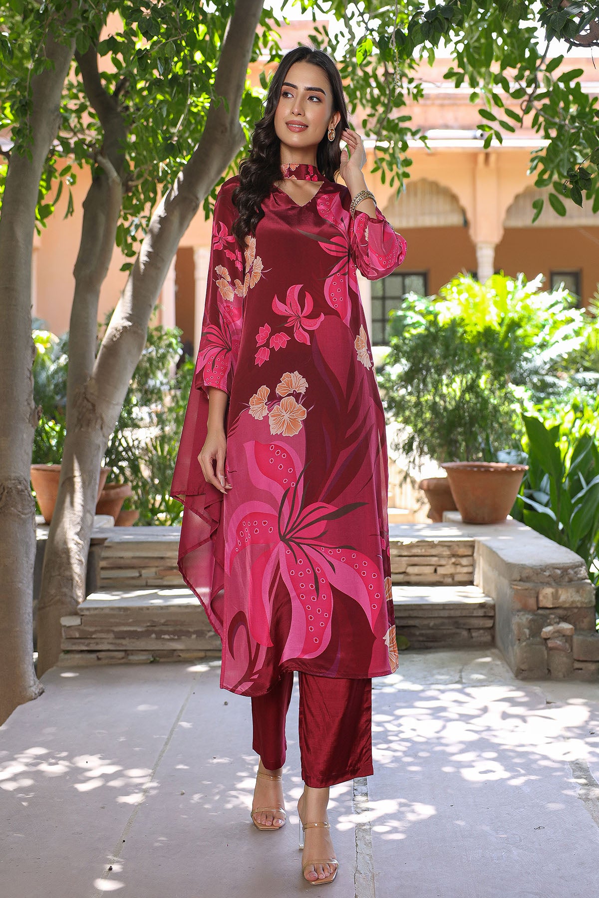 Maroon Viscose Crepe Printed Suit Set