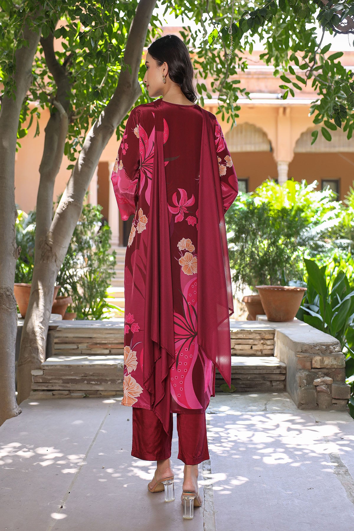 Maroon Viscose Crepe Printed Suit Set