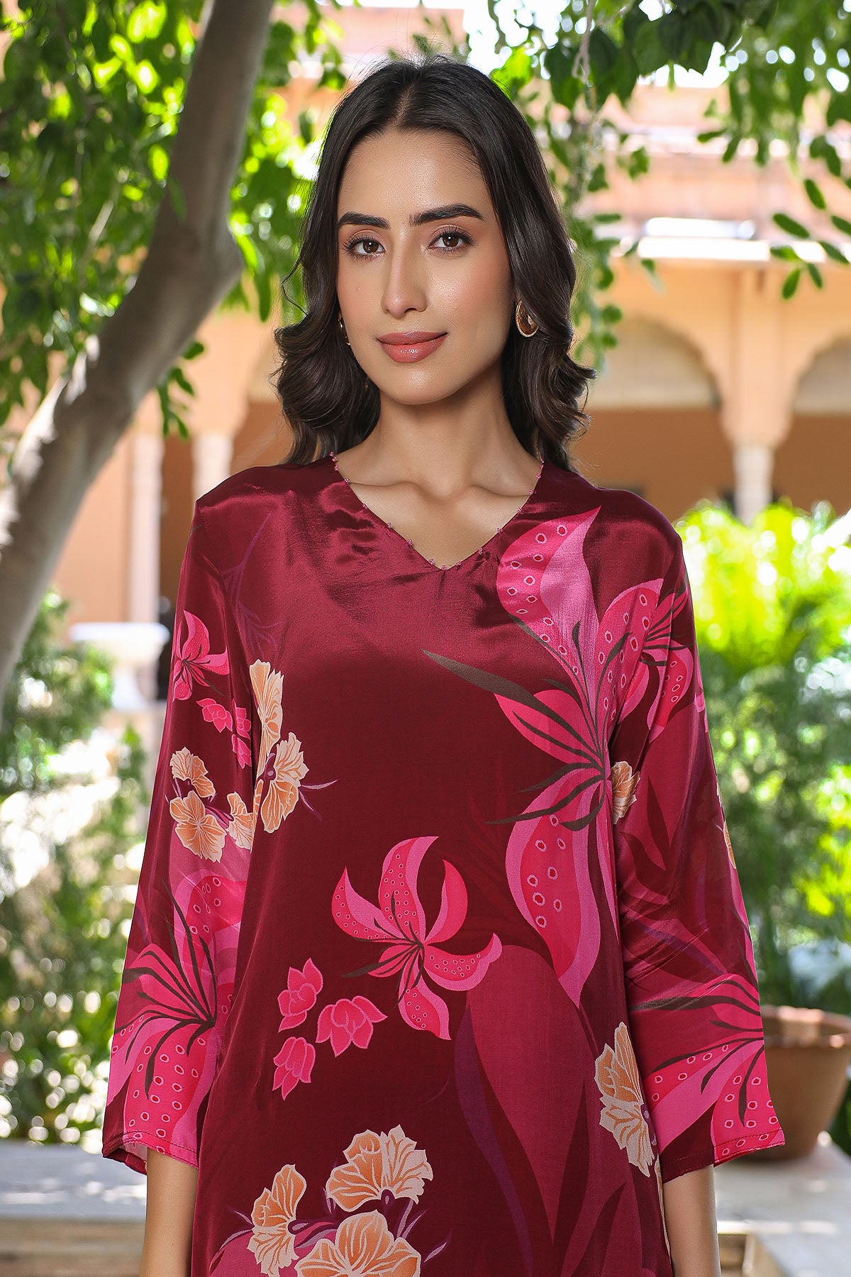 Maroon Viscose Crepe Printed Suit Set