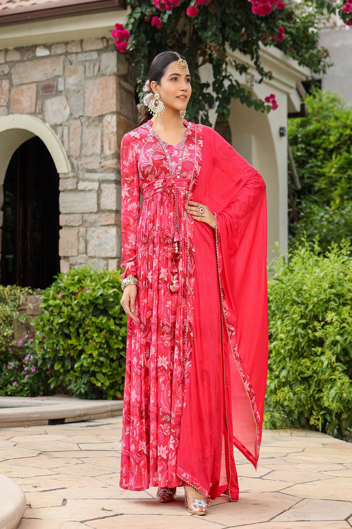 Pink Viscose Crepe Handwork Gown Set